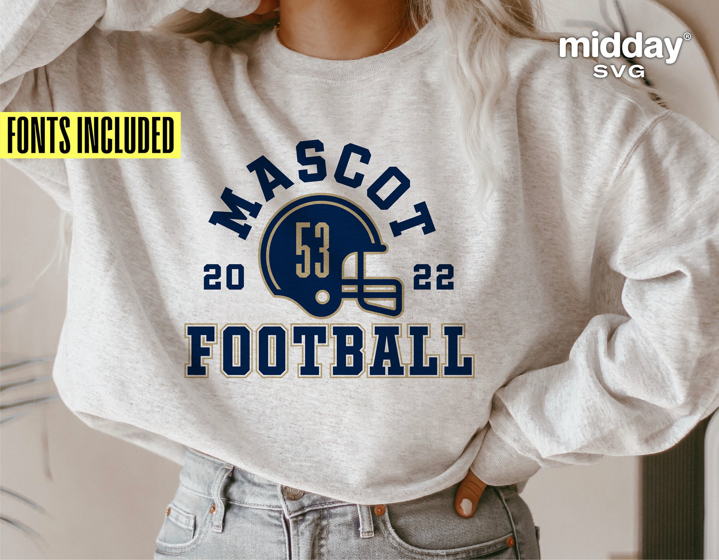 Person wearing sweatshirt with customizable football team template design. DIY SVG file for Cricut, Silhouette, Glowforge. Fonts included.