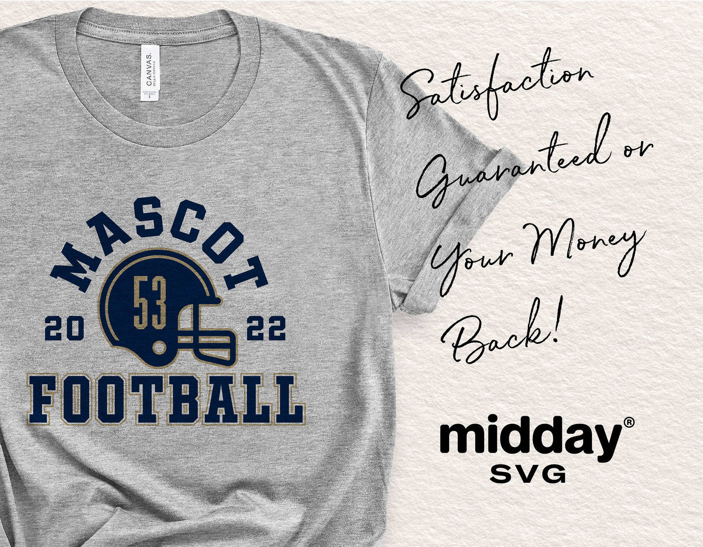 Gray football shirt with custom mascot logo and satisfaction guarantee text, perfect for DIY team designs and personalized sportswear.