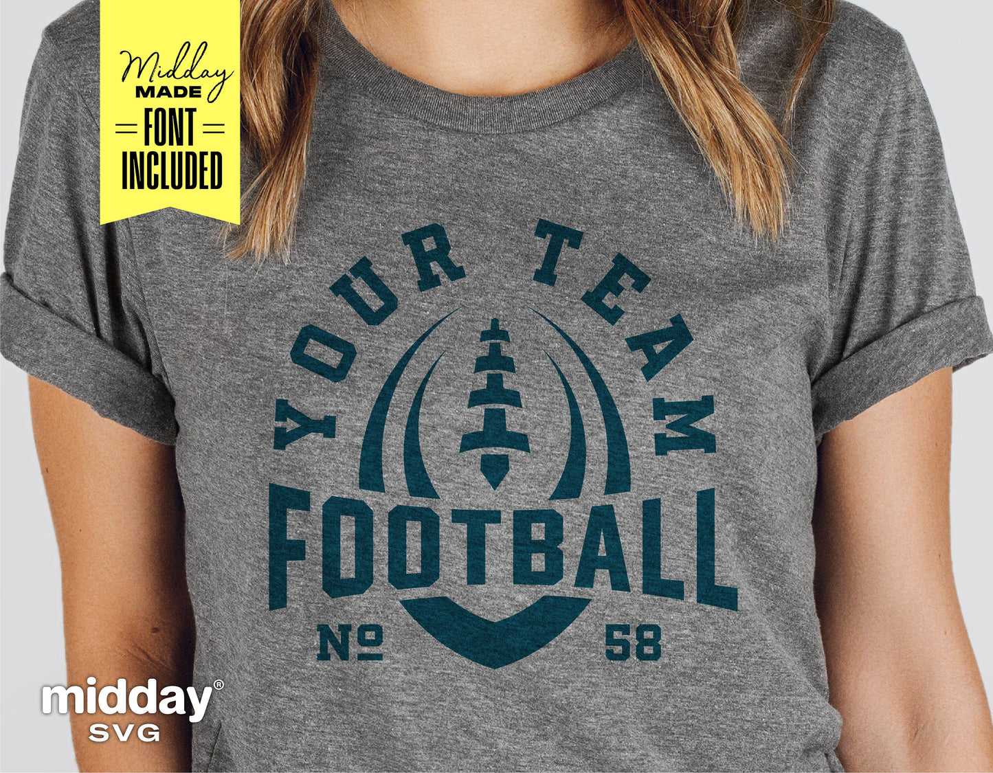 Gray T-shirt displaying customizable football team logo with phrase 'Your Team Football', includes font for DIY design.
