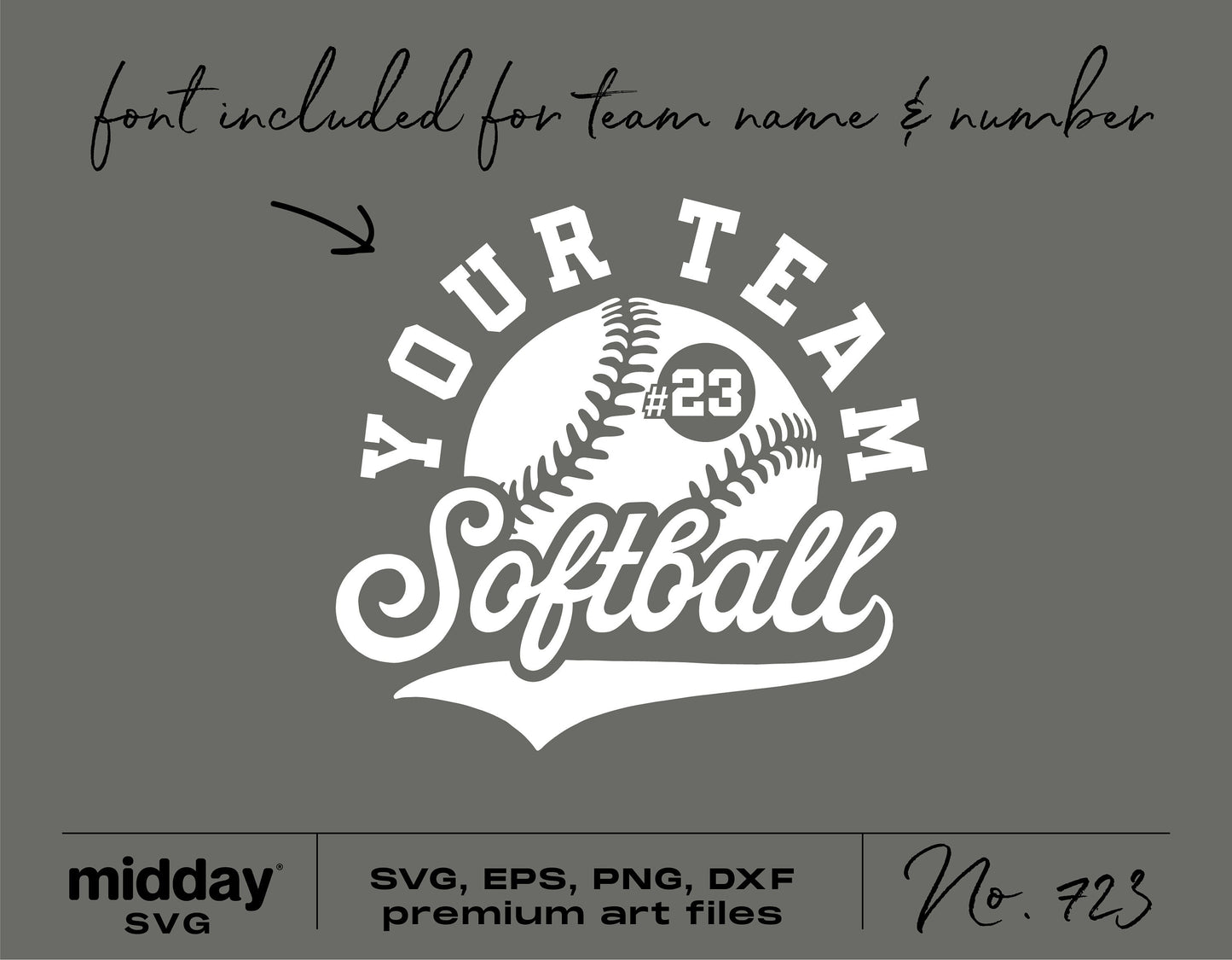 Softball team template SVG design with customizable font for team name and number, available in SVG, EPS, PNG, DXF formats.