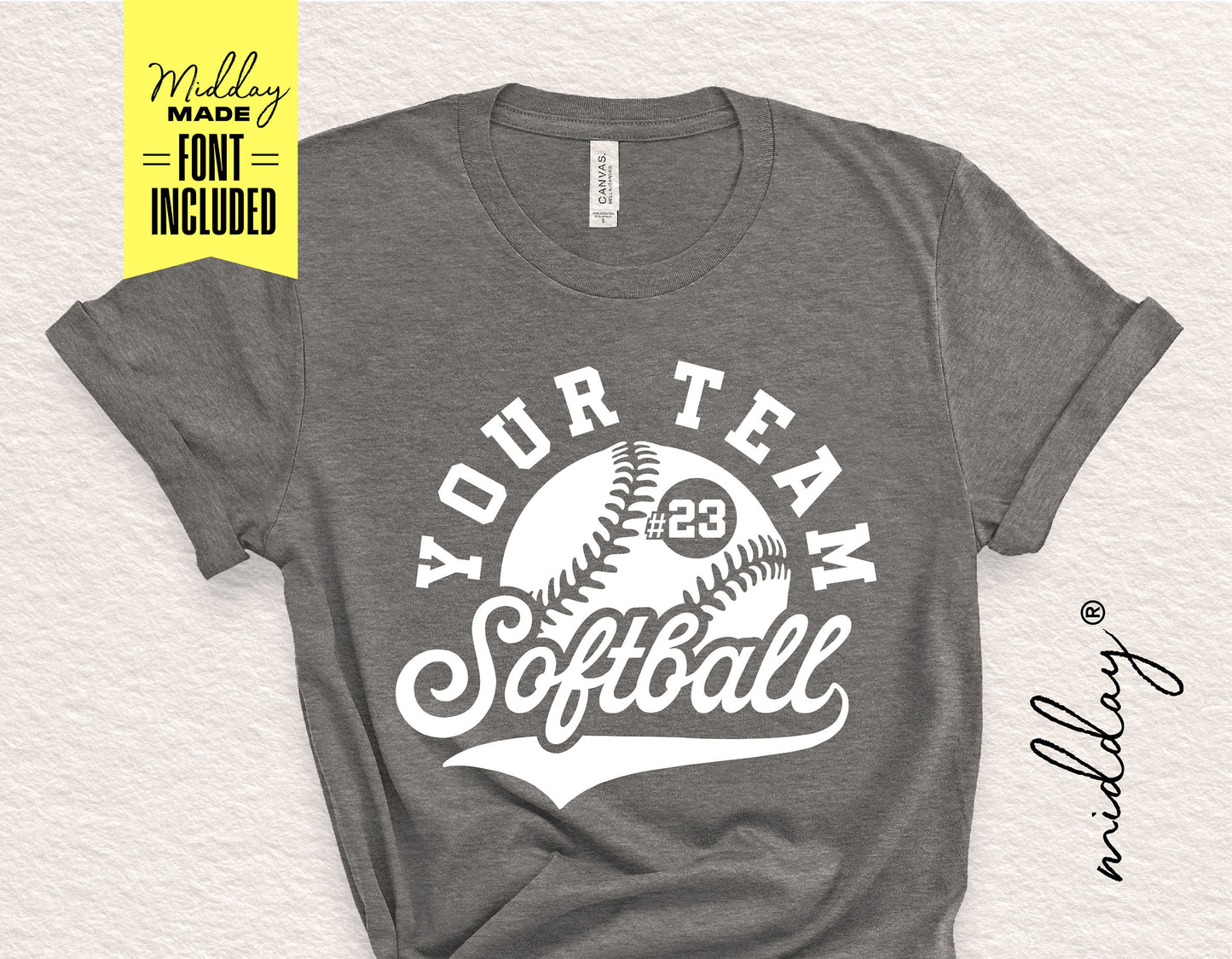 Gray softball shirt with customizable team logo design in white, includes font for personalization, displayed on a flat surface.