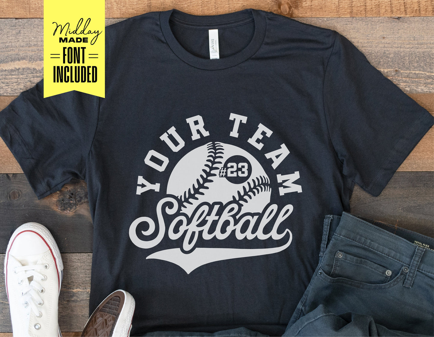 Softball team template shirt with personalized design and Cricut cut files, featuring customizable font for DIY projects.