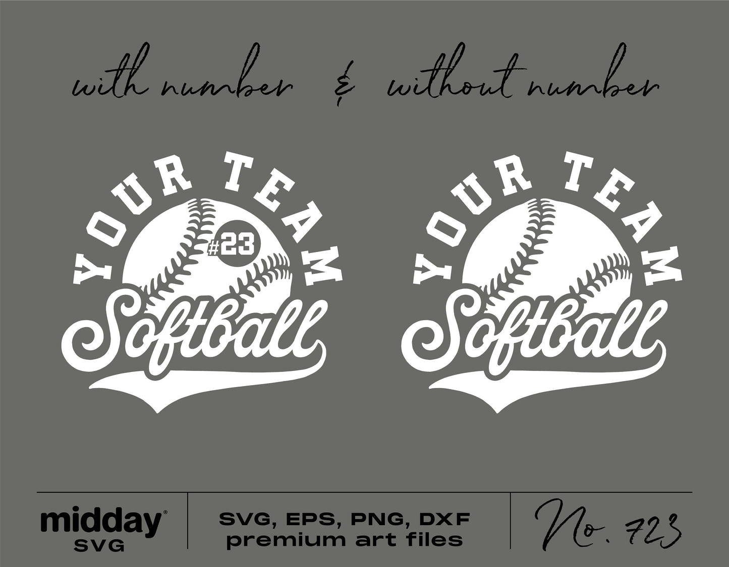 Softball team template SVG with customizable number, available in SVG, EPS, PNG, DXF formats for Cricut and Silhouette crafting.