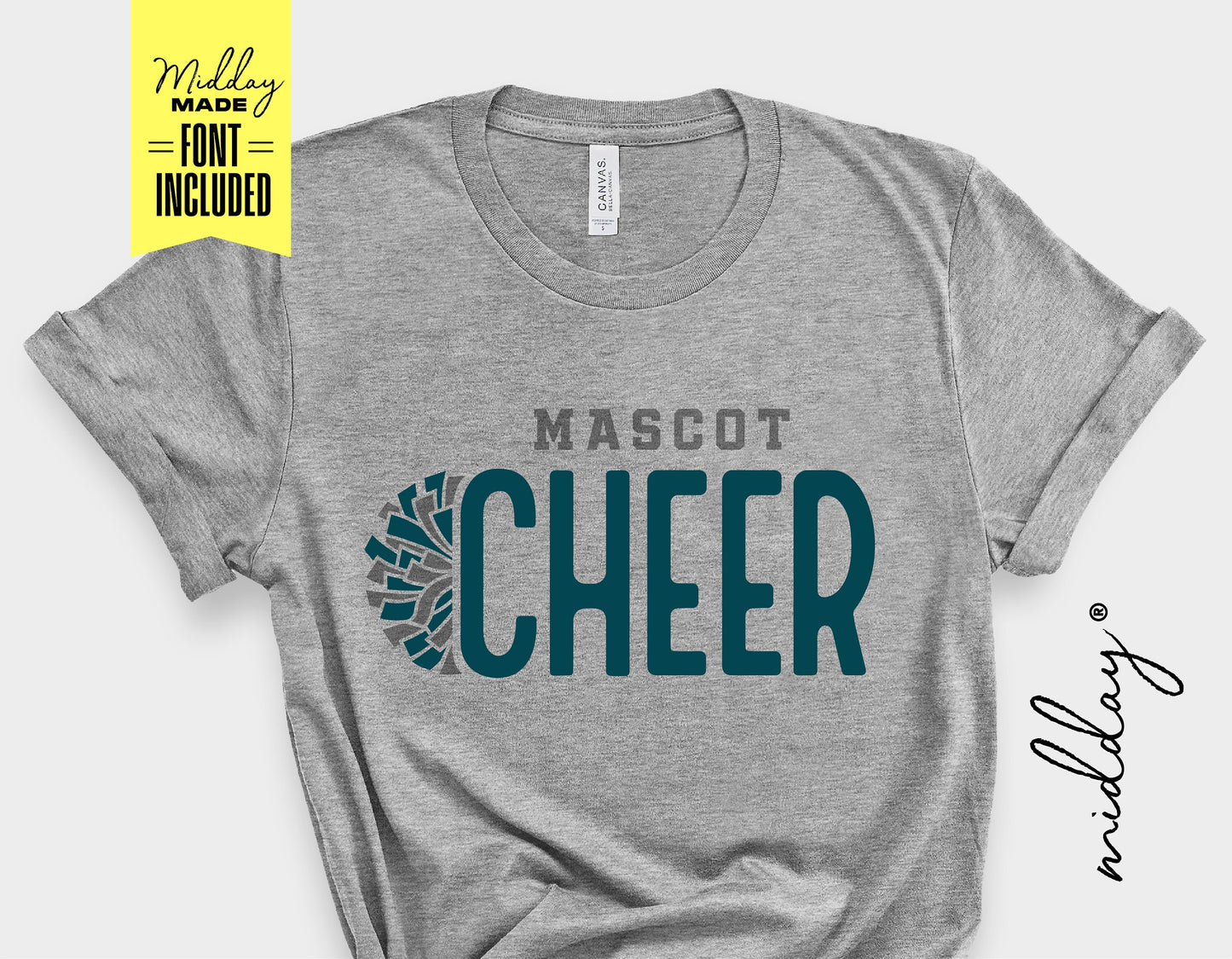 Gray t-shirt featuring 'Mascot Cheer' design with pom pom graphic, customizable font for cheerleading teams, digital download.