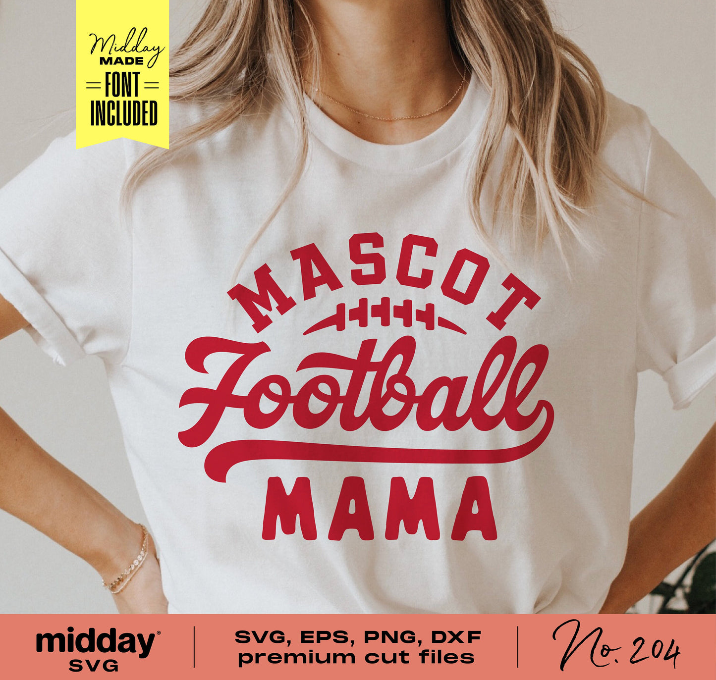 White shirt with 'Mascot Football Mama' design in red, ideal for Cricut and Silhouette, includes SVG, EPS, PNG, DXF files.
