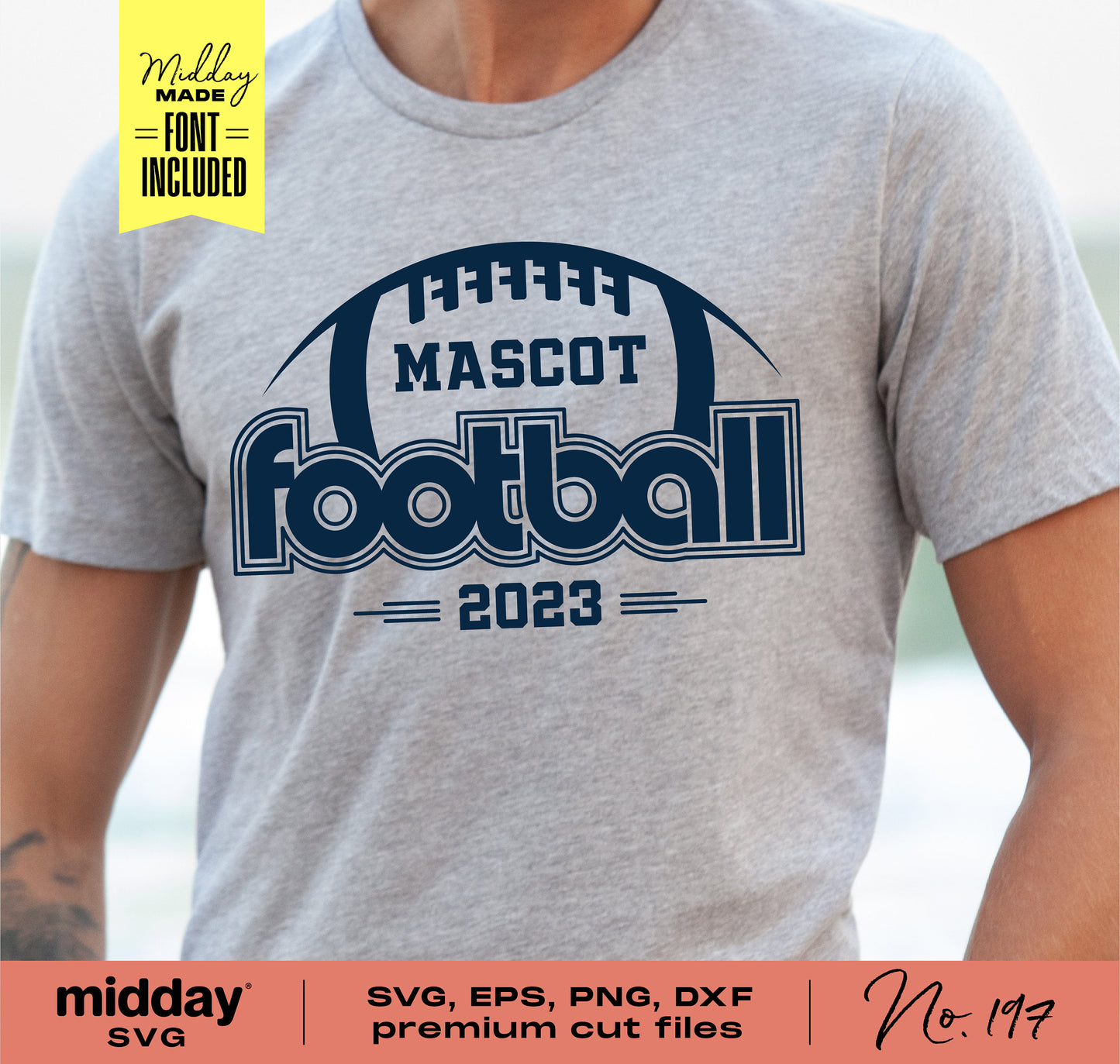 Gray t-shirt featuring the text 'Mascot Football 2023' in a navy retro design, available as SVG, EPS, PNG, DXF files for Cricut and Silhouette.