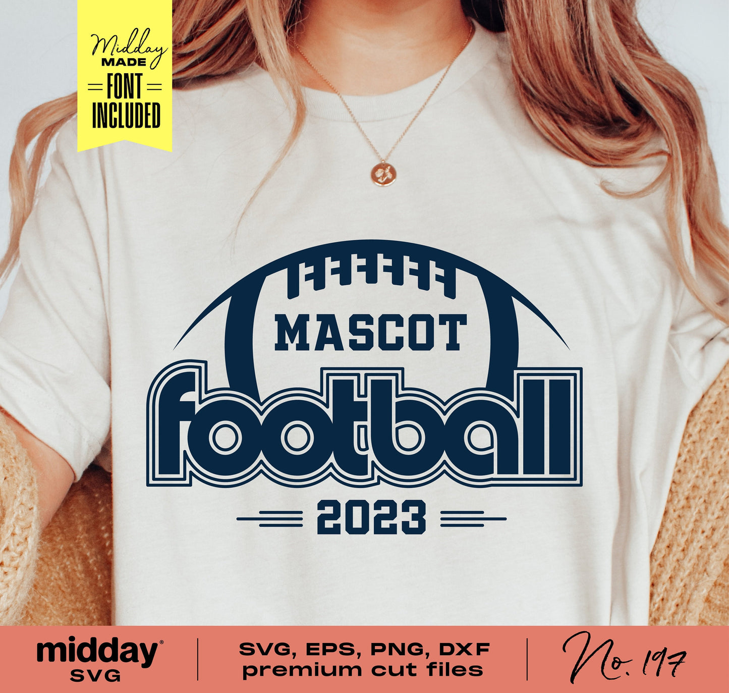 Retro football team shirt design featuring 'Mascot Football 2023' with SVG, EPS, PNG, DXF file options for Cricut and Silhouette.