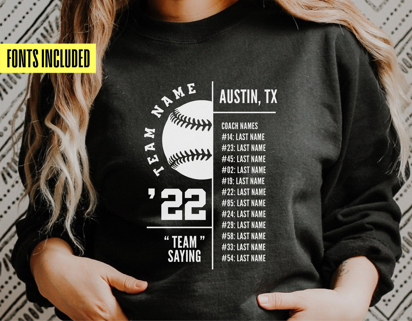 Woman wearing a shirt with a customizable softball team roster design, featuring team names and numbers. Fonts included for personalizing.