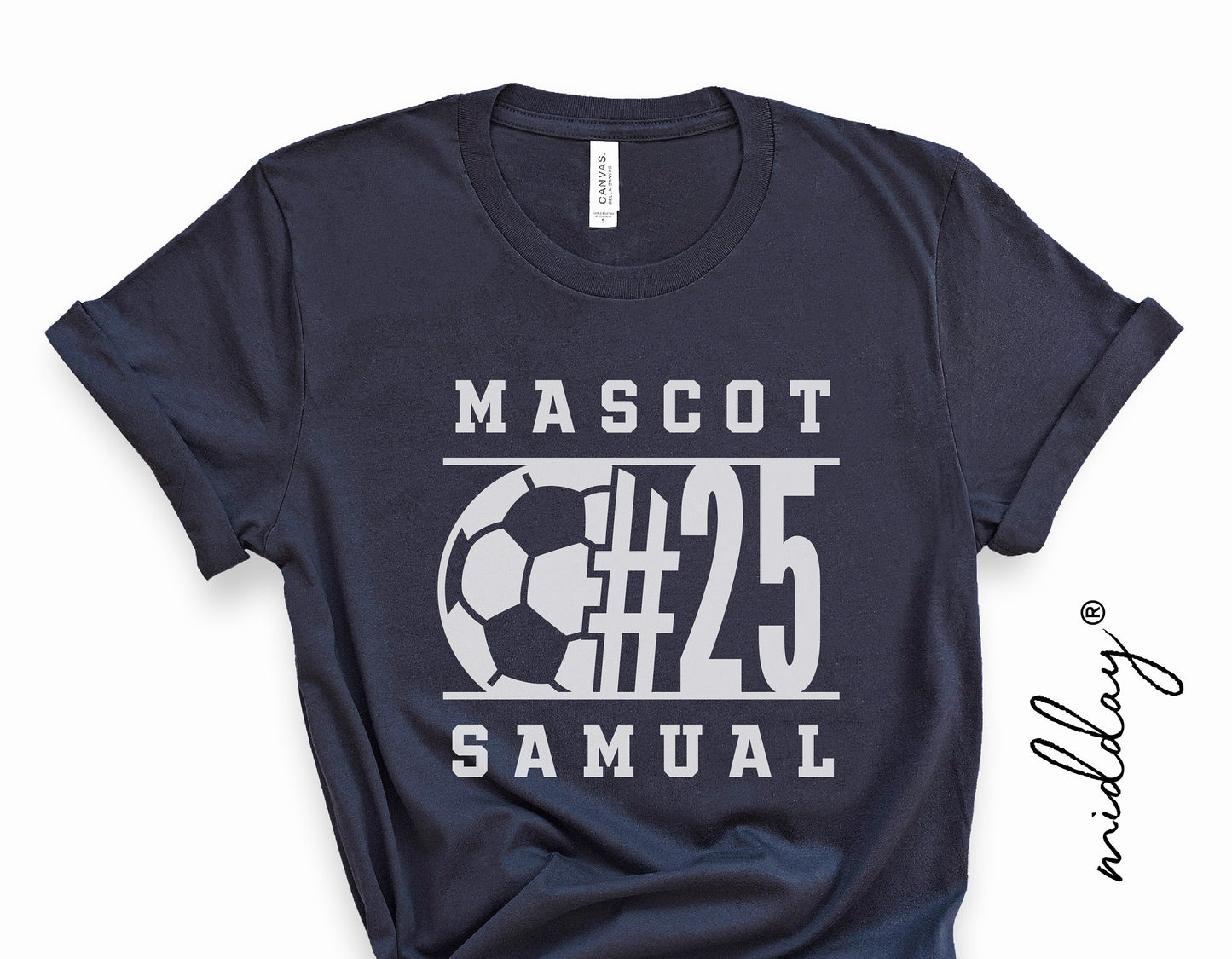 Black soccer shirt with "Mascot #25 Samual" design featuring a soccer ball graphic.