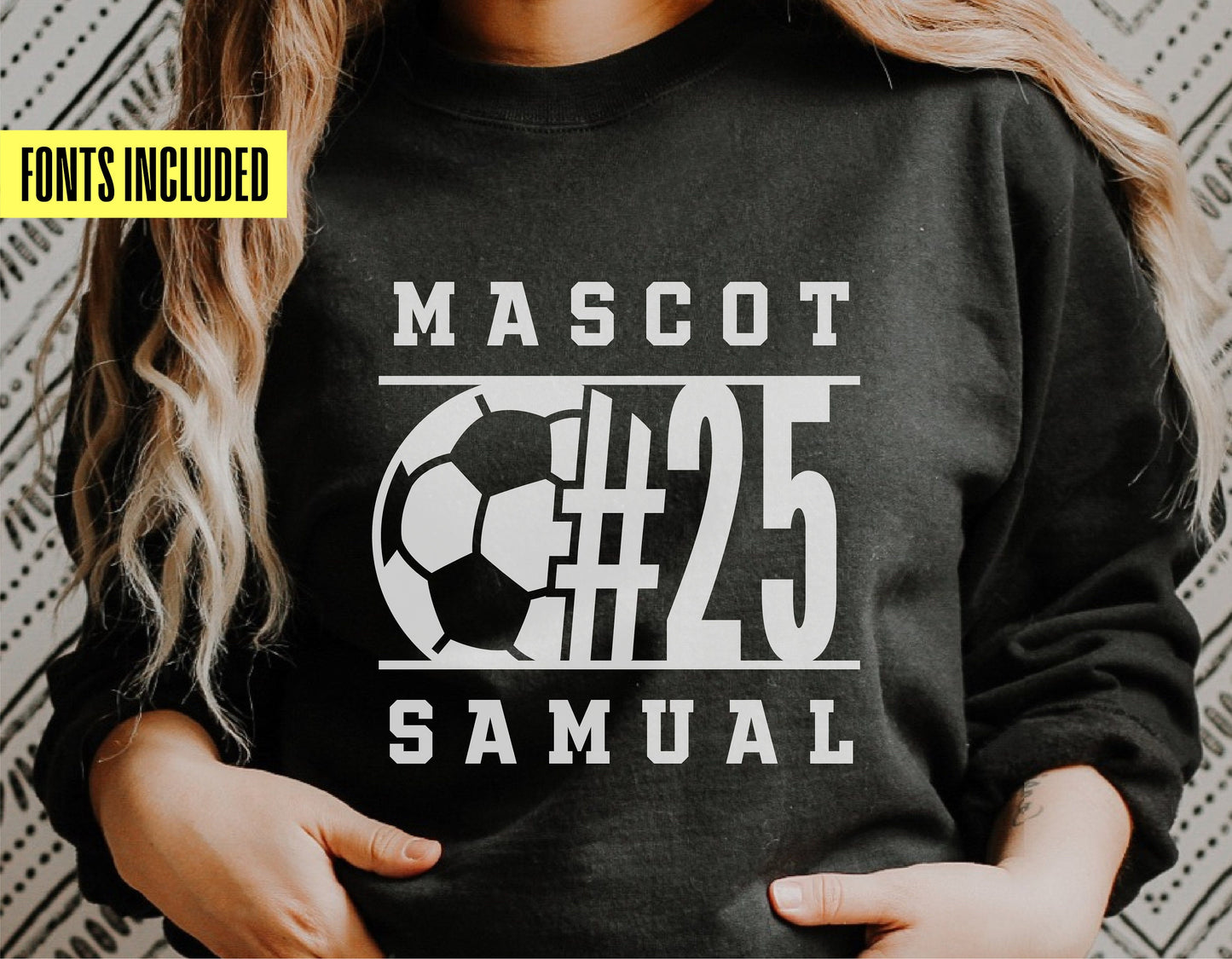 Person wearing custom soccer shirt with soccer ball graphic and team number. Fonts included for design customization.