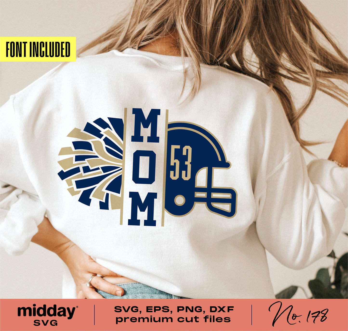 Woman wearing a shirt with 'Mom' design featuring a football helmet and cheerleader pom-poms, SVG DIY file available with included font.
