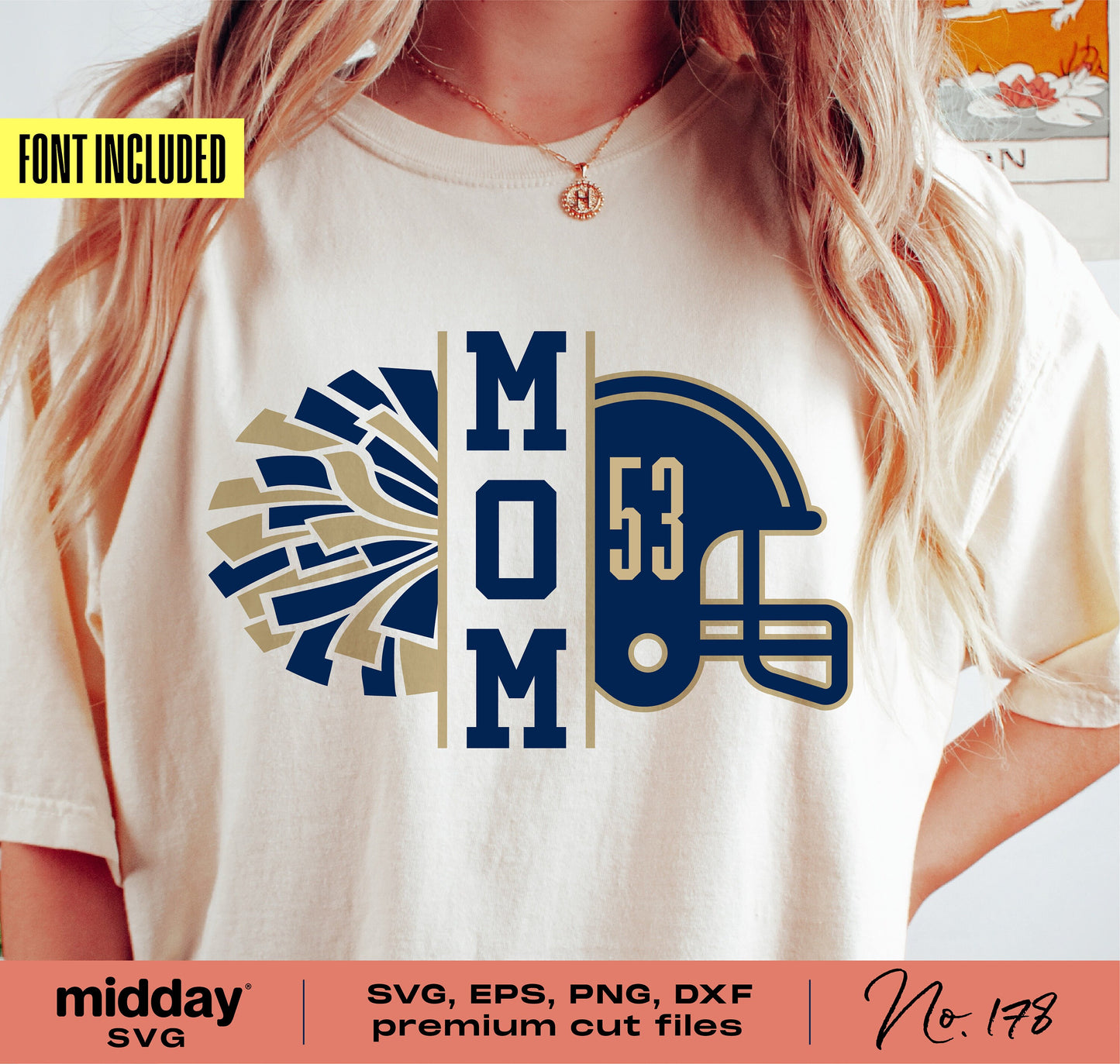 Football and Cheer Mom SVG cut file on shirt with font included for DIY designs, compatible with Cricut and other design software.
