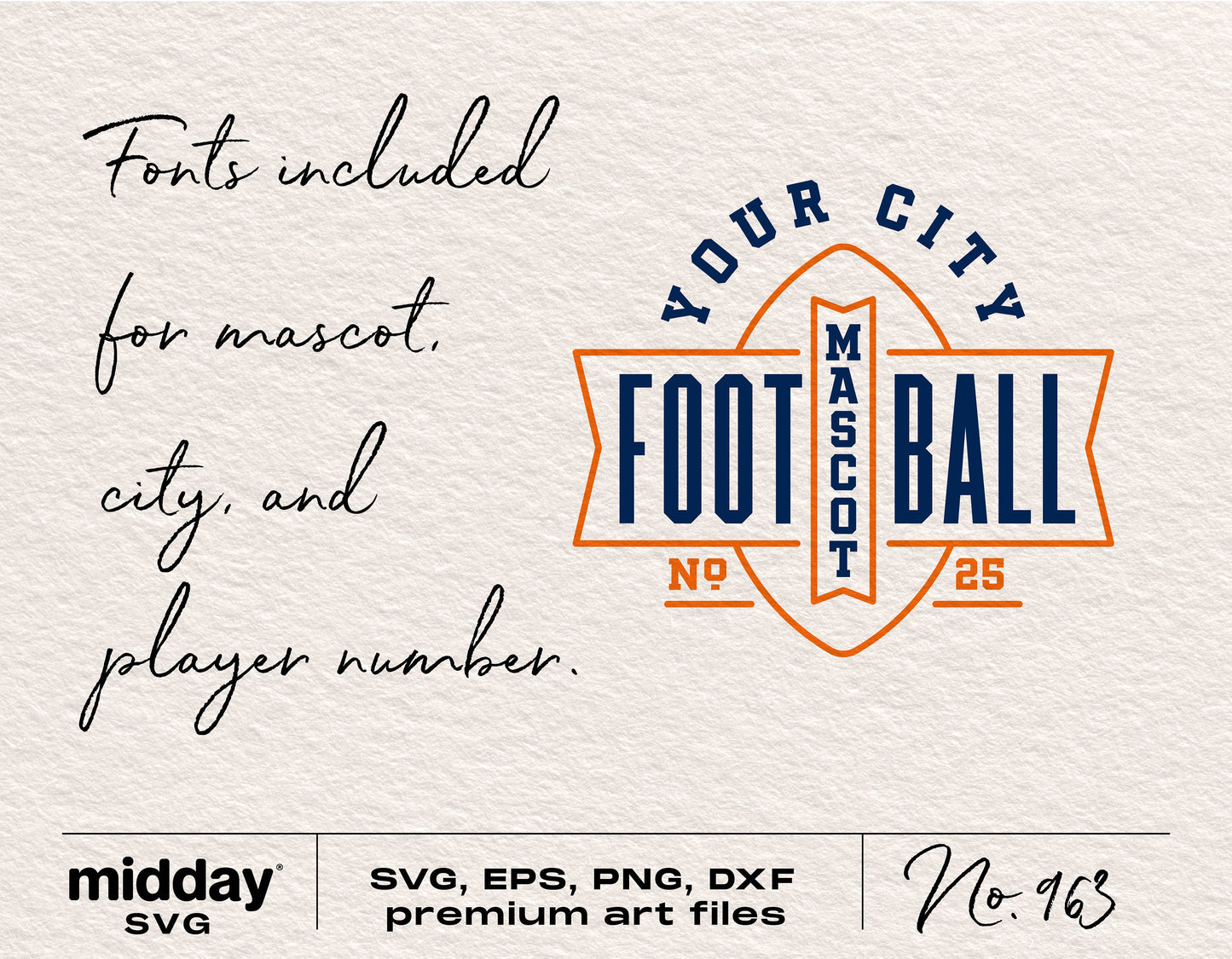 Football team logo template with customizable city, mascot, and player number in SVG, EPS, PNG, DXF formats for Cricut and Silhouette.