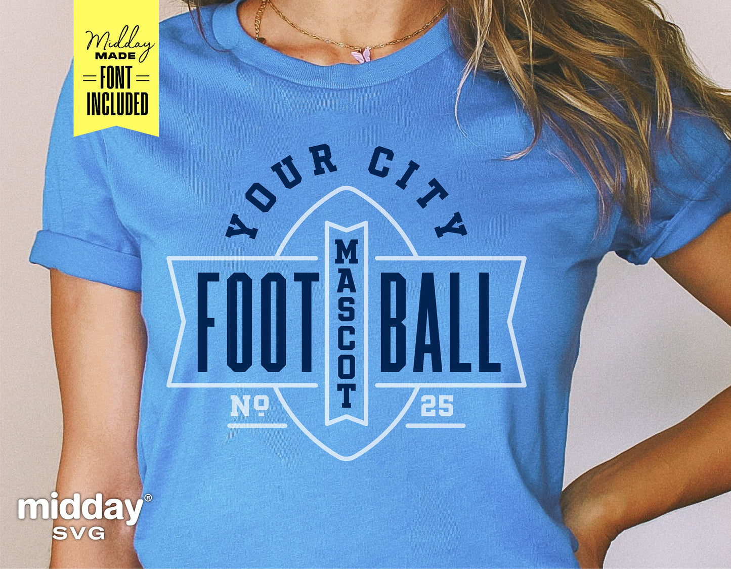 Woman wearing blue t-shirt with customizable football team logo, including city name and mascot, for Cricut and Silhouette projects.