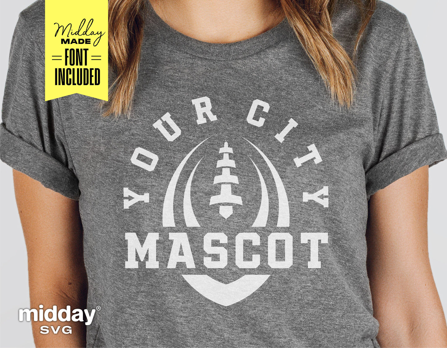 Gray football shirt mockup with customizable text, "Your City Mascot," ideal for Cricut and Silhouette projects.