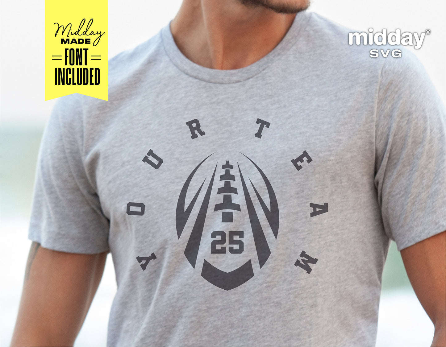 Gray football t-shirt with customizable 'Your Team 25' design, perfect for Cricut, Silhouette, and Glowforge projects.