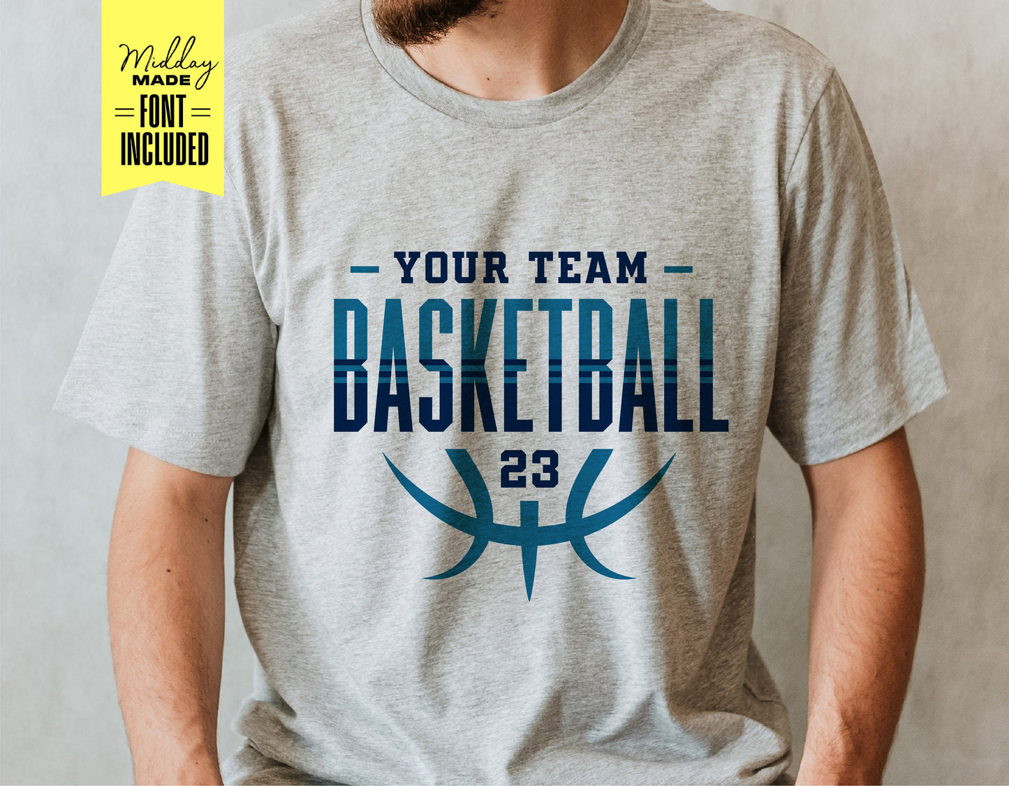Gray shirt displaying customizable basketball design font included, for Cricut and Silhouette cutting with sports theme.