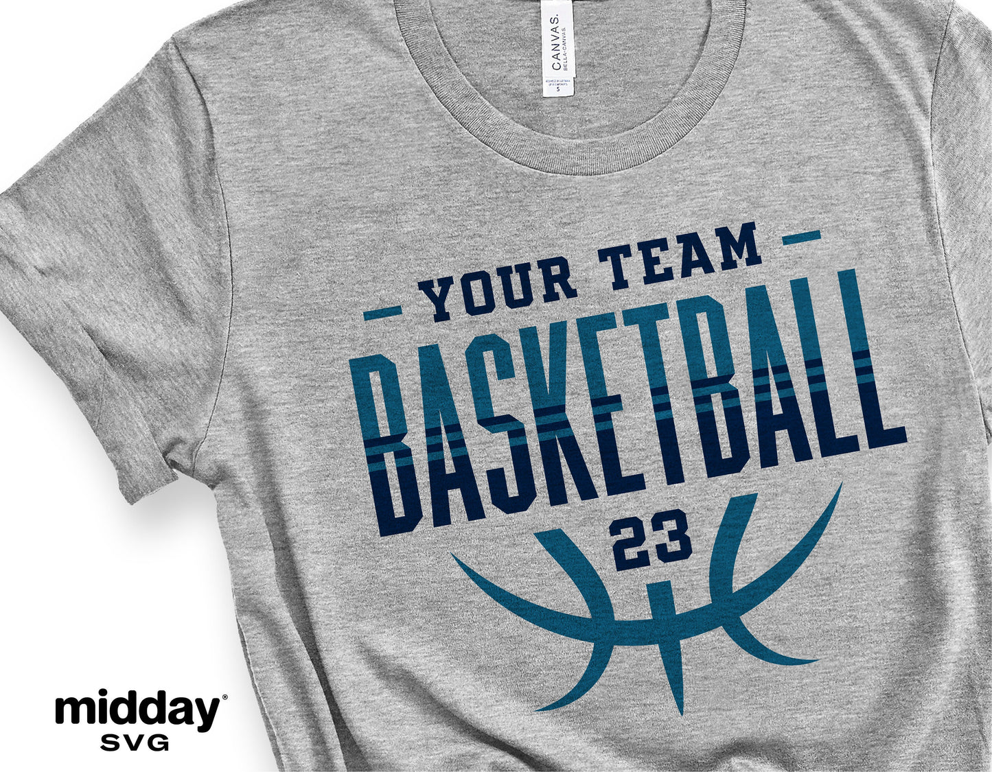 Gray t-shirt with customizable basketball team design in blue text, ideal for Cricut and Silhouette crafting projects, DIY cut file.