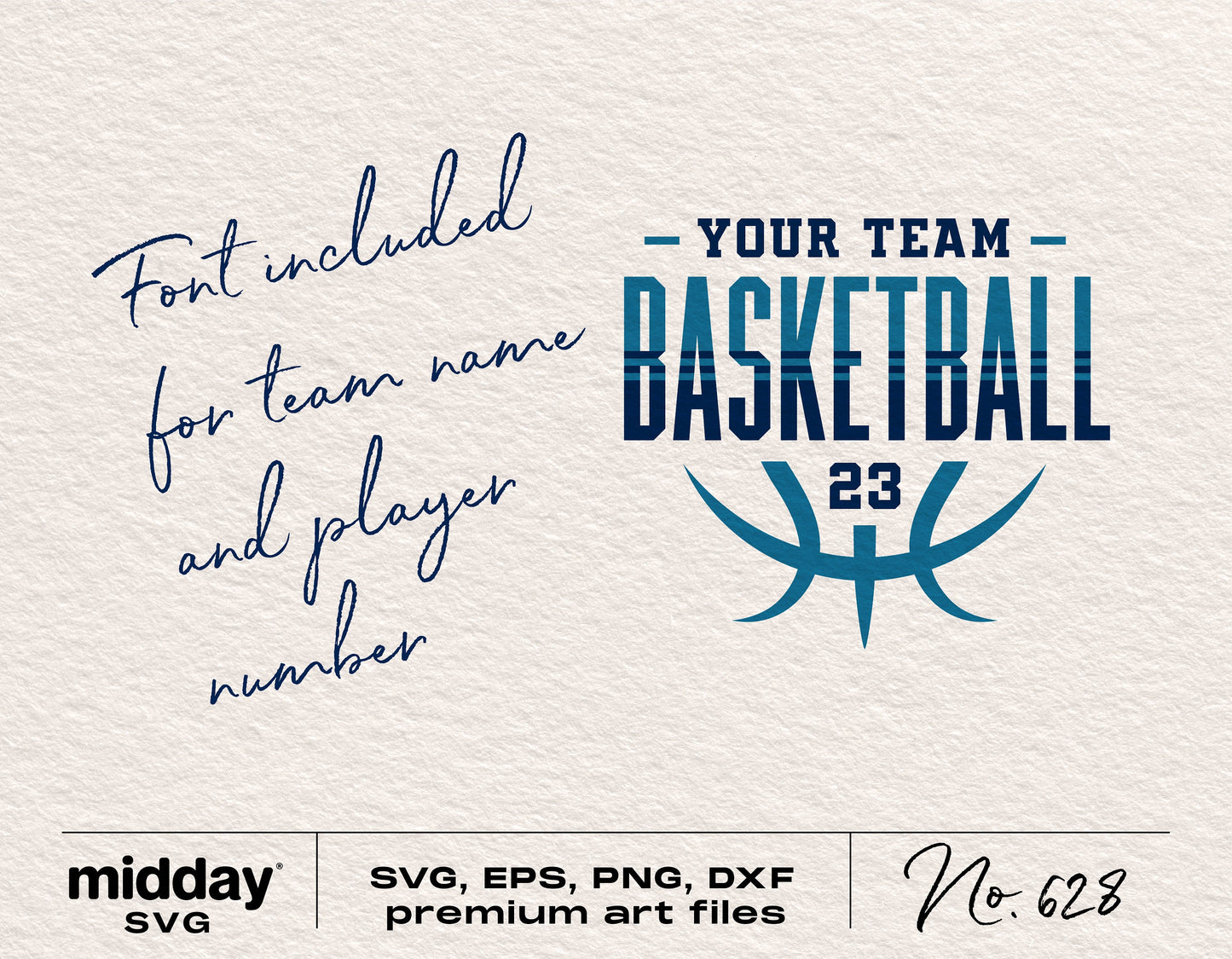 Customizable Basketball Team SVG template with player number and included font for DIY projects using Cricut and Silhouette.