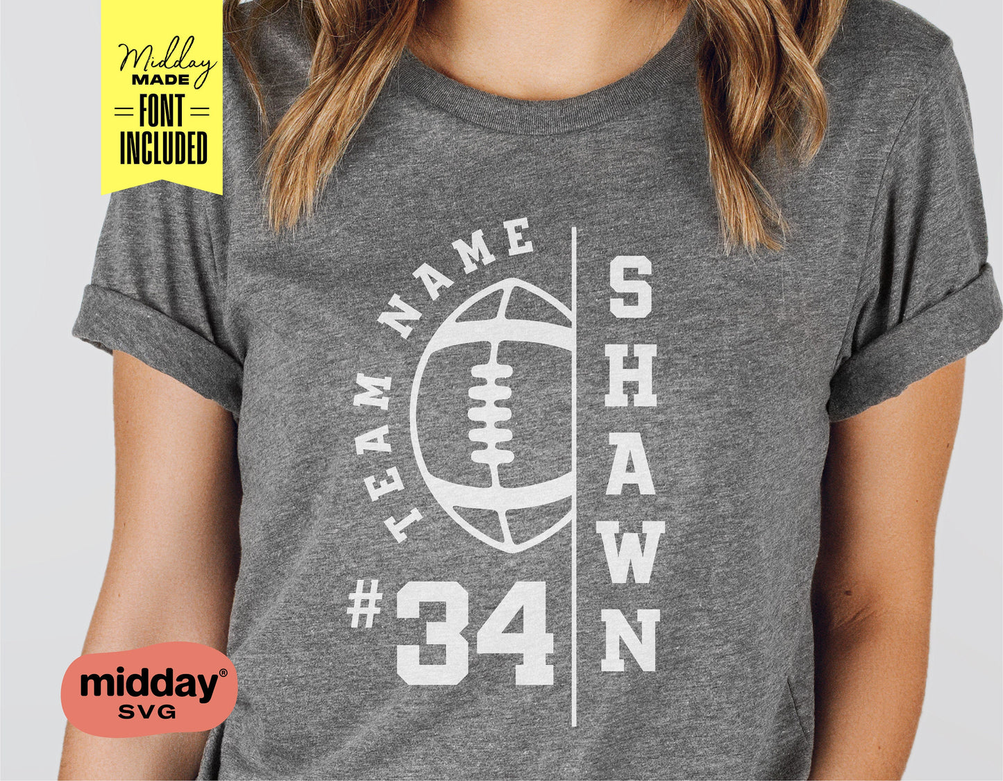 Custom football team t-shirt design template featuring a football graphic and player name for Cricut and Silhouette projects.