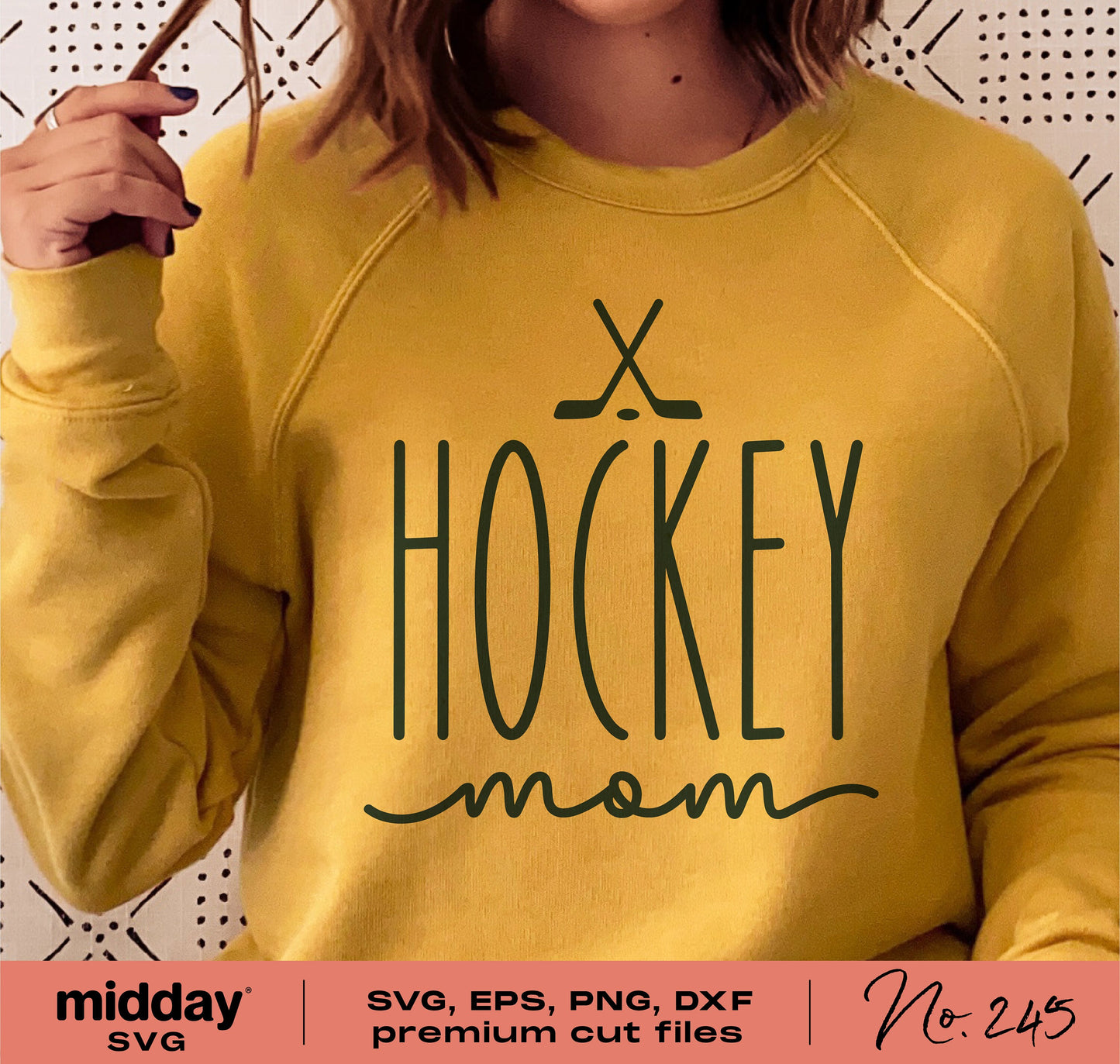 Yellow sweatshirt featuring 'Hockey Mom' design, suitable for Cricut and Silhouette projects, available in SVG, PNG, EPS, DXF formats.