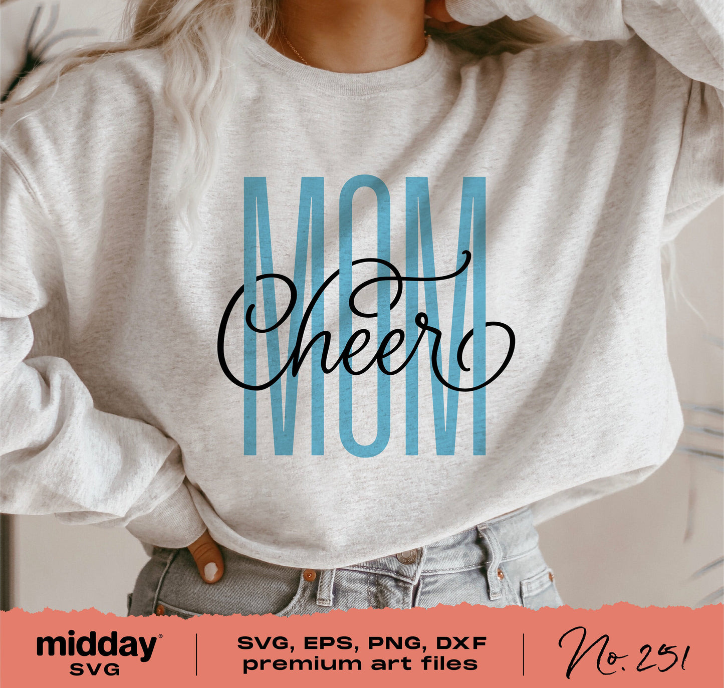 Gray sweatshirt with "Cheer Mom" design in blue and black script, ideal for Cricut and Silhouette crafting projects.