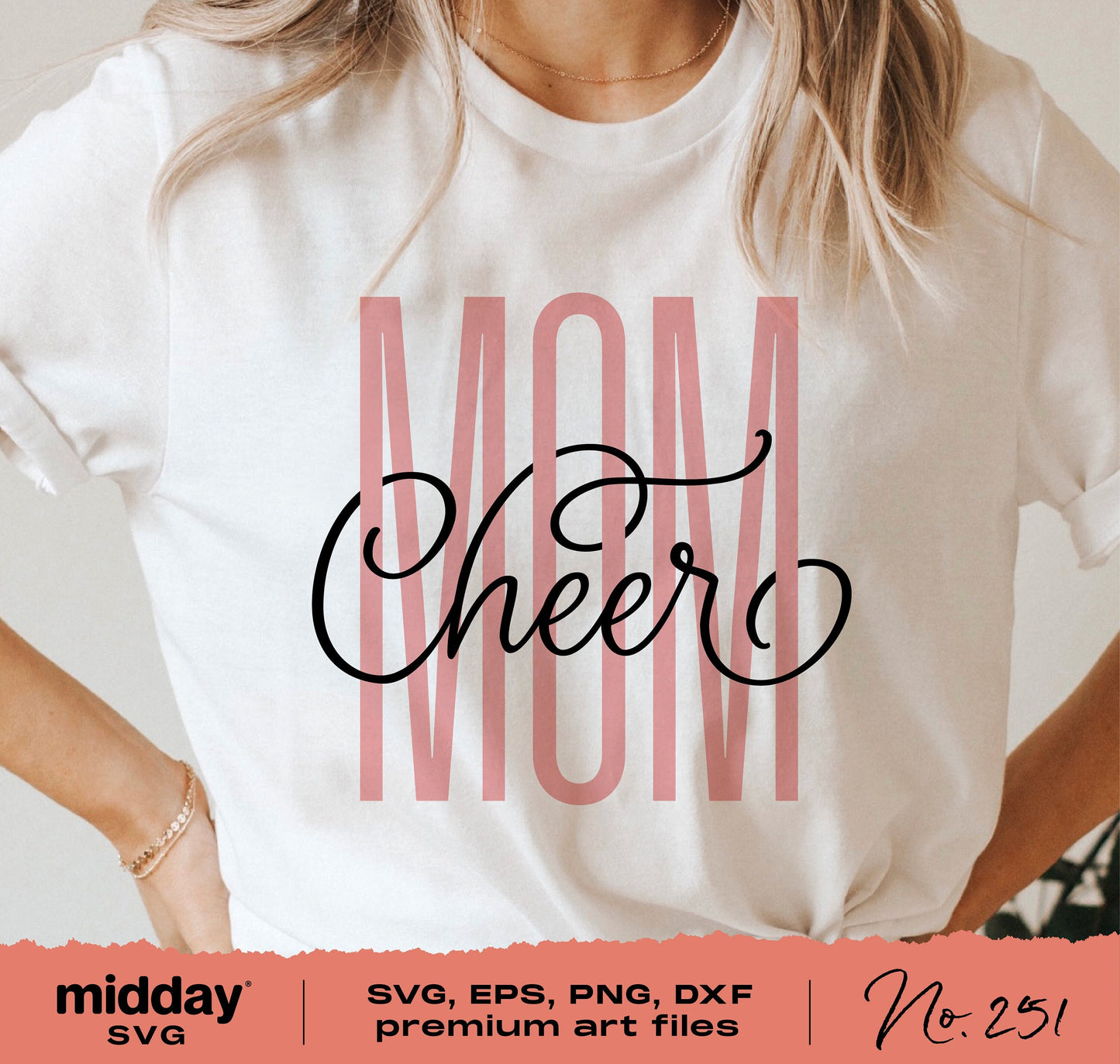 White t-shirt with "Cheer Mom" design in elegant script style for Cricut and Silhouette crafting. Includes SVG, PNG, DXF, and EPS files.
