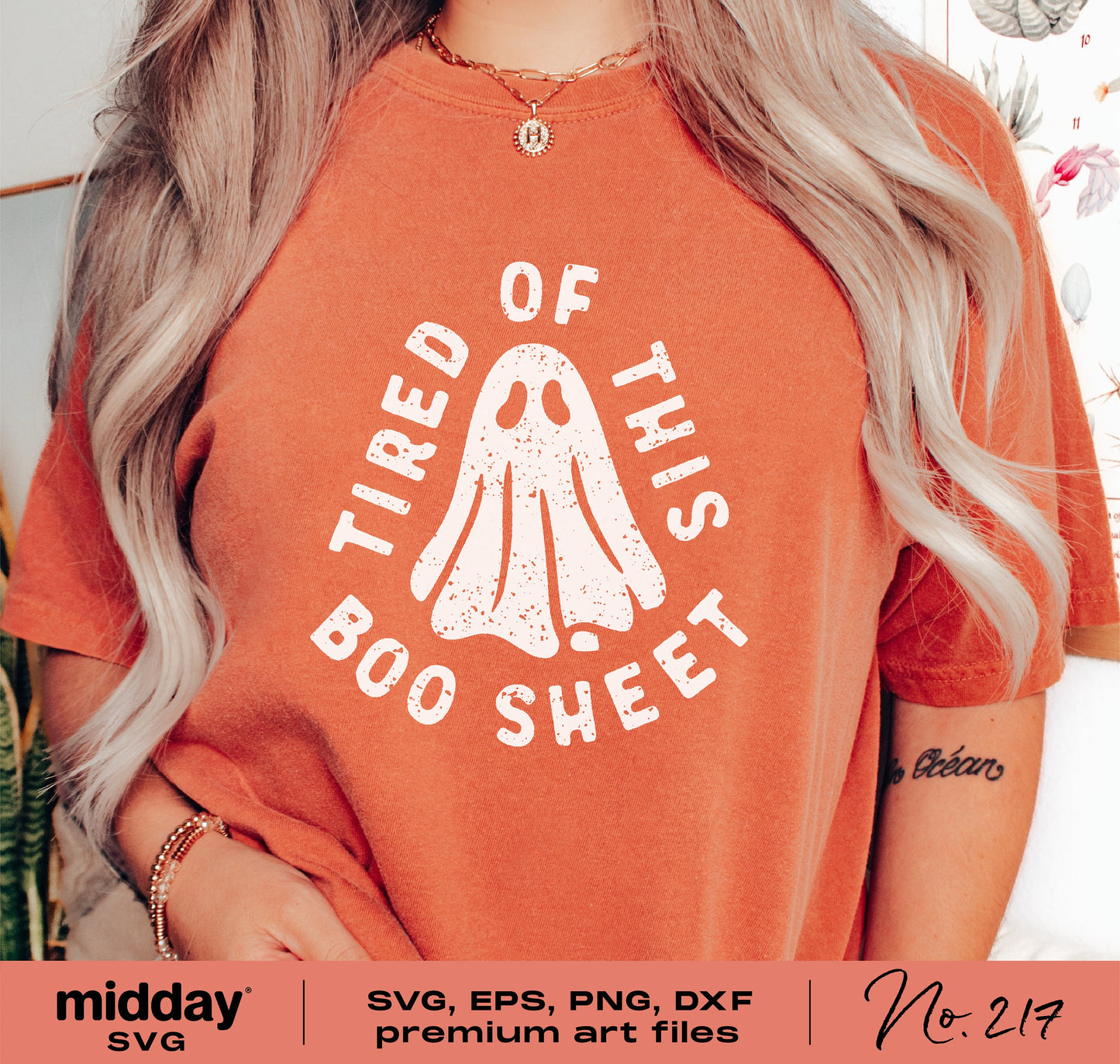 Orange Halloween shirt with funny ghost and "Tired of This Boo Sheet" text, suitable for Cricut and Silhouette cutting.