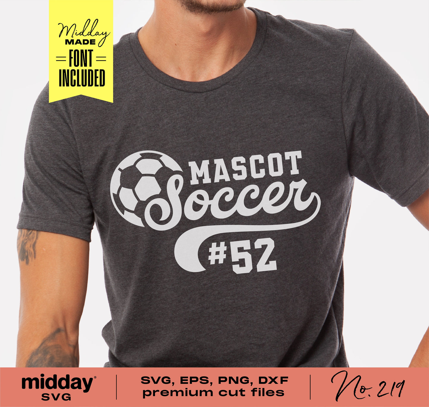 Man wearing a dark t-shirt with custom soccer team design, featuring a soccer ball and the text 'Mascot Soccer #52'. Font included for DIY projects.