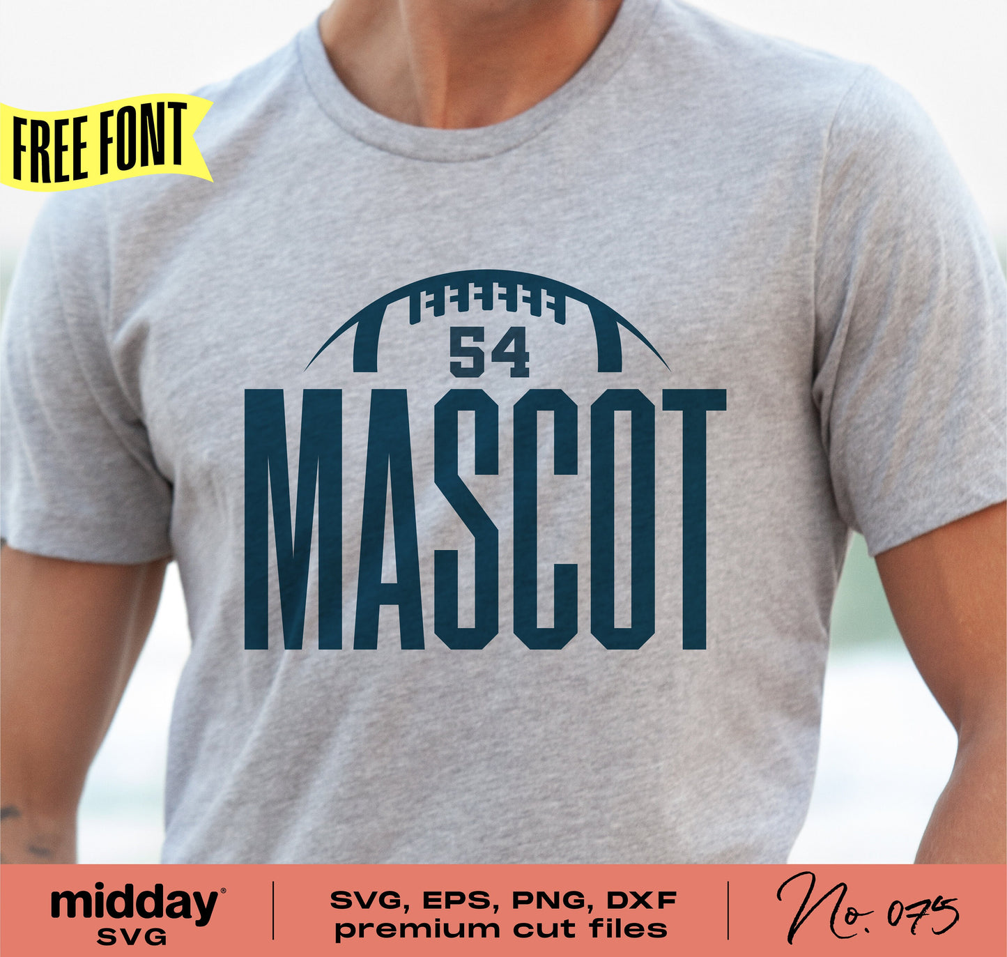 Football team template shirt design featuring 'MASCOT 54' text with football icon on a gray T-shirt. Available in SVG, EPS, PNG, DXF formats.