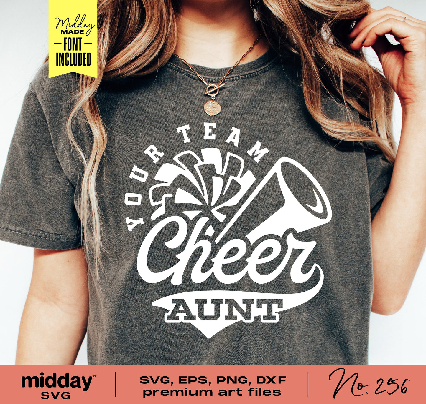 Cheer Aunt shirt with megaphone and pom pom design, featuring SVG, EPS, PNG, DXF formats for Cricut and Silhouette cutting machines.