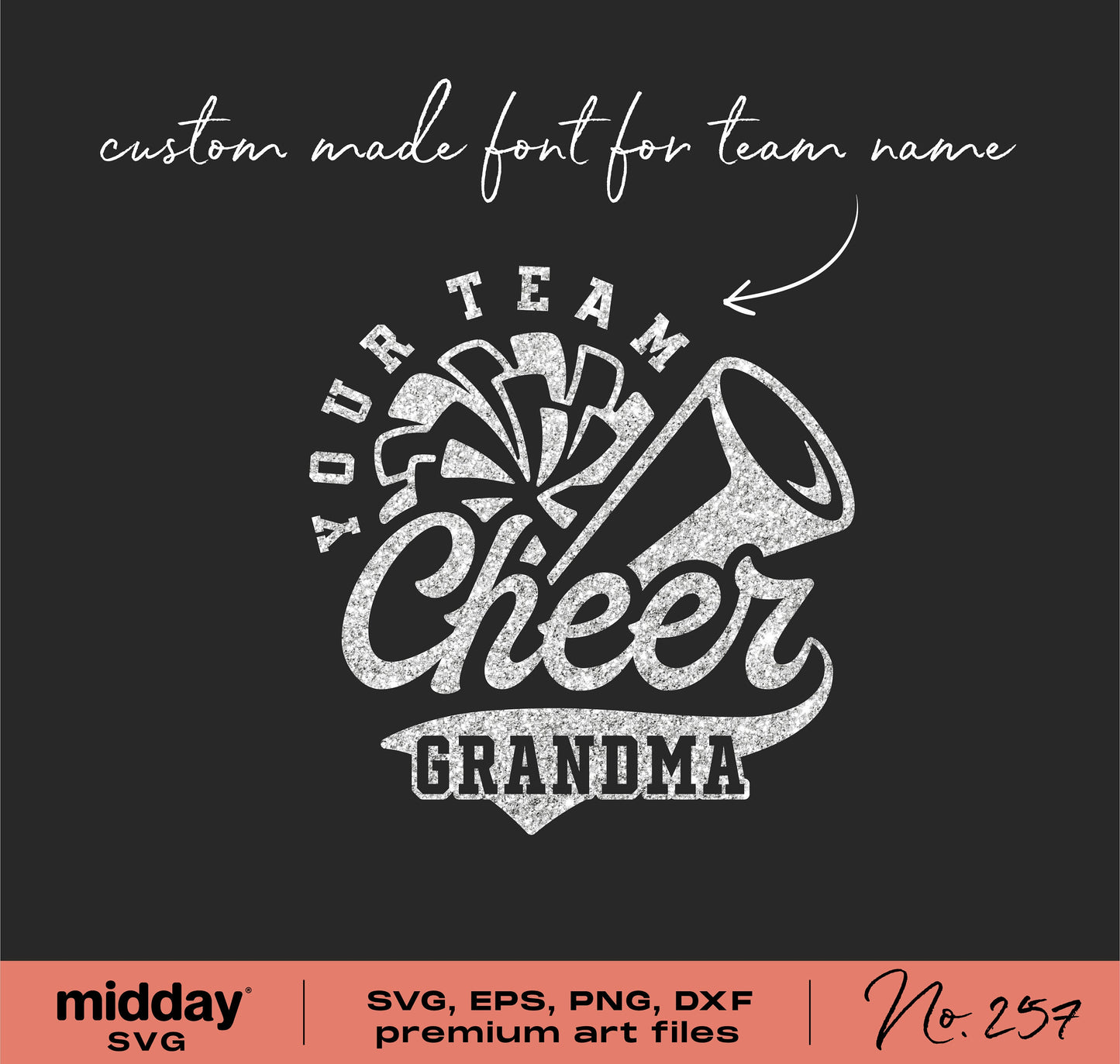 Cheer Grandma SVG design with megaphone and pom pom graphic, custom font for team name, perfect for Cricut and Silhouette projects.