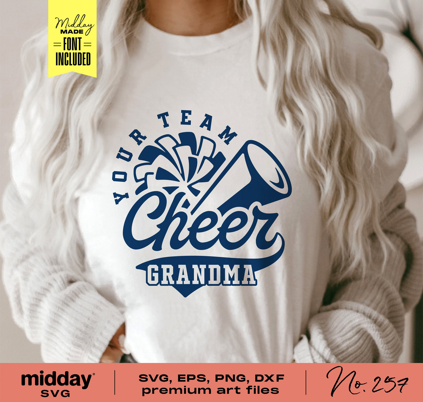Cheer Grandma t-shirt design with pompom and megaphone graphics, available in SVG, EPS, PNG, and DXF formats for Cricut and Silhouette.