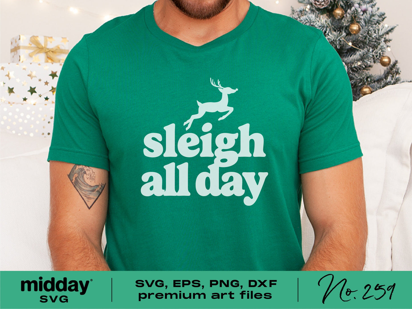 Green t-shirt with 'Sleigh All Day' design in white featuring a leaping reindeer, ideal for Christmas crafting and decoration projects.