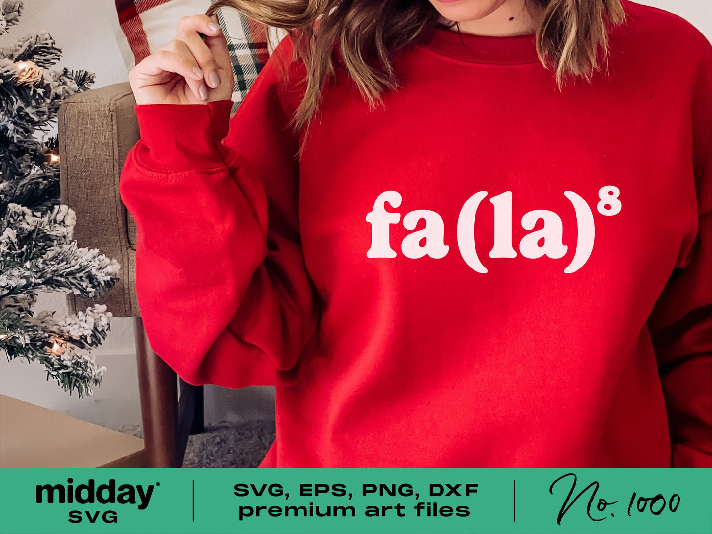 Woman wearing a red Christmas sweater with Fa La Times 8 design, surrounded by holiday decor. Available as SVG, PNG, DXF, EPS for Cricut.