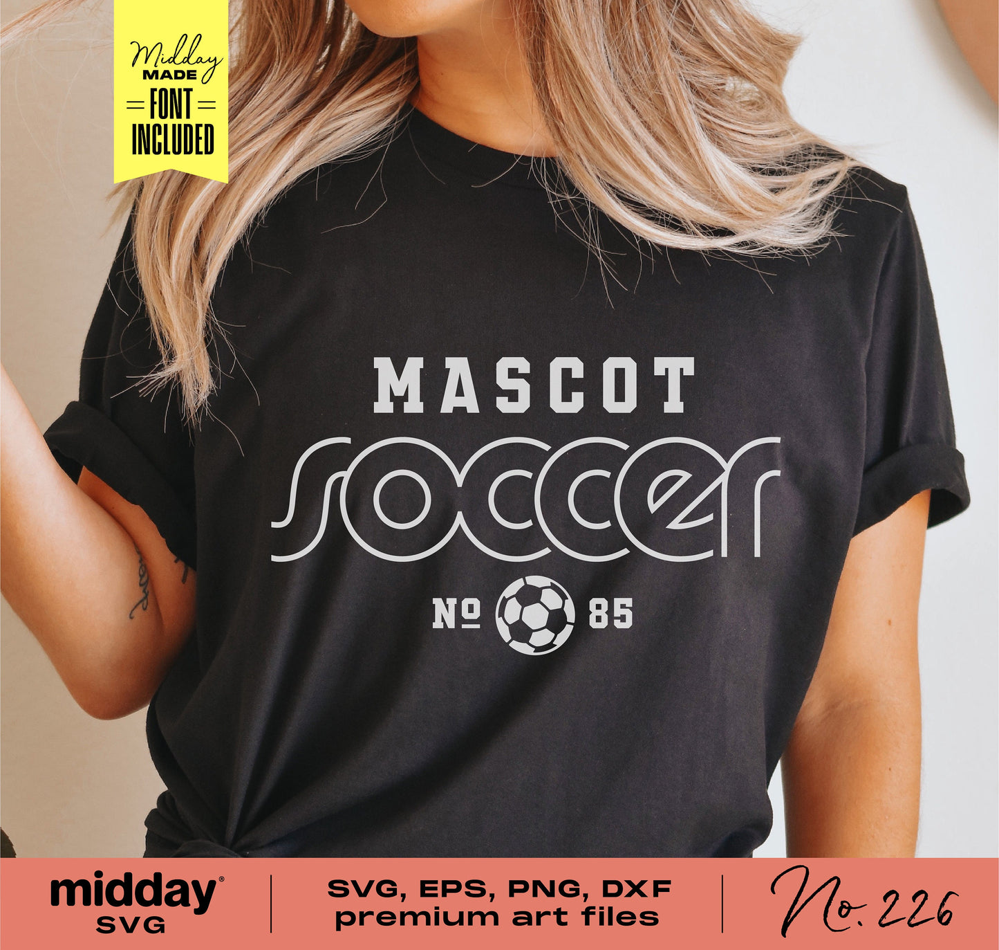Woman wearing black t-shirt featuring Mascot Soccer No. 85 design, perfect for Cricut and Silhouette, SVG included.