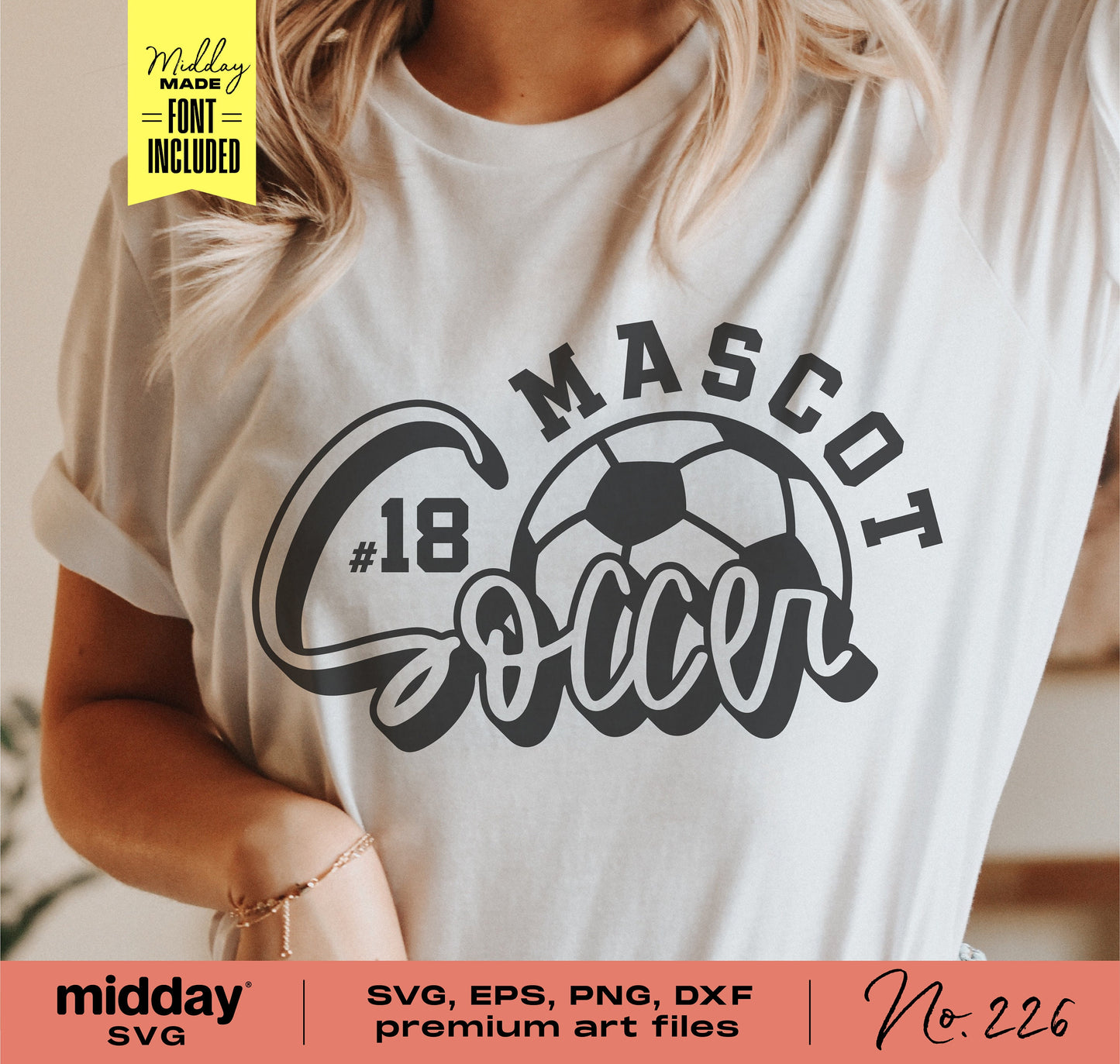 Soccer shirt design featuring 'Mascot #18 Soccer' with a soccer ball graphic, perfect for Cricut and Silhouette projects.