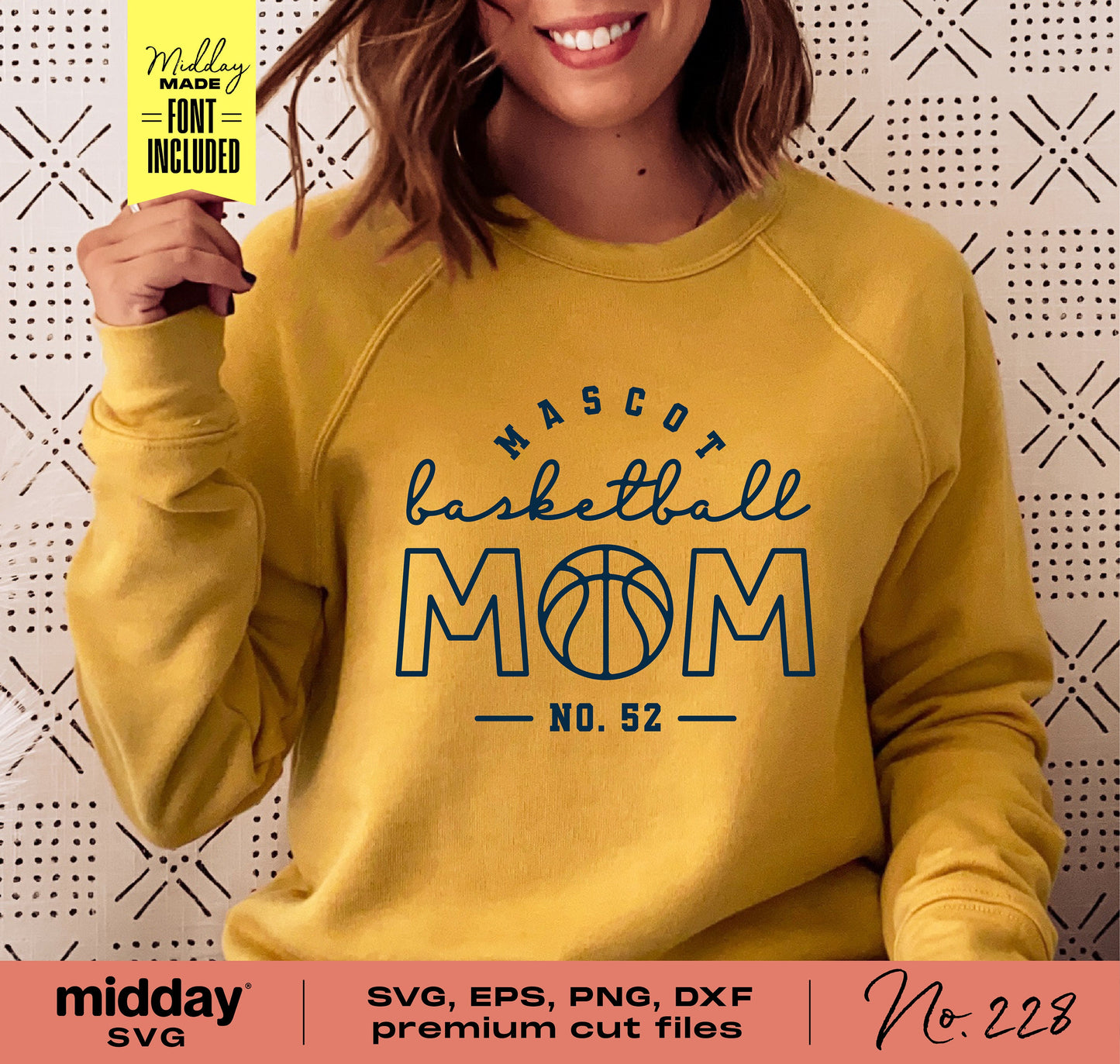 Woman wearing yellow sweatshirt with 'Basketball Mom' design, available as SVG, PNG, DXF for Cricut and Silhouette crafting.