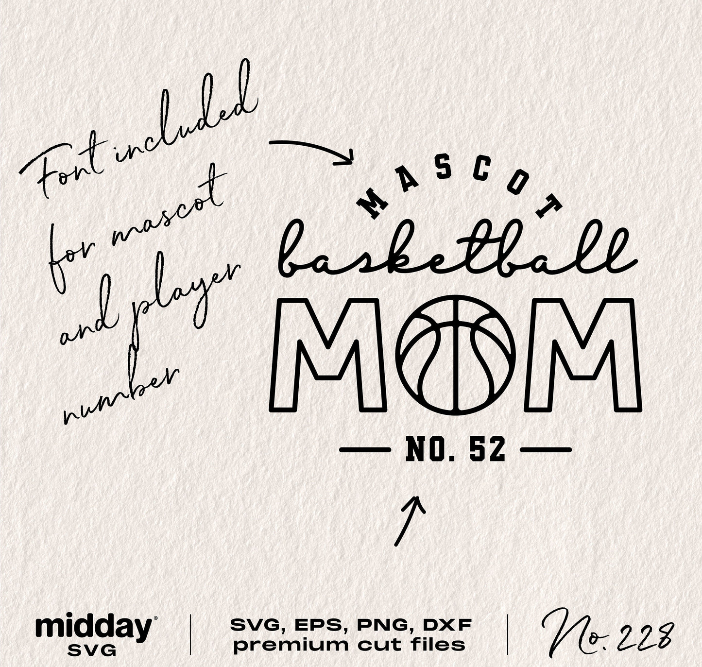 Basketball Mom SVG design for shirts and tumblers, with mascot and player number font included.