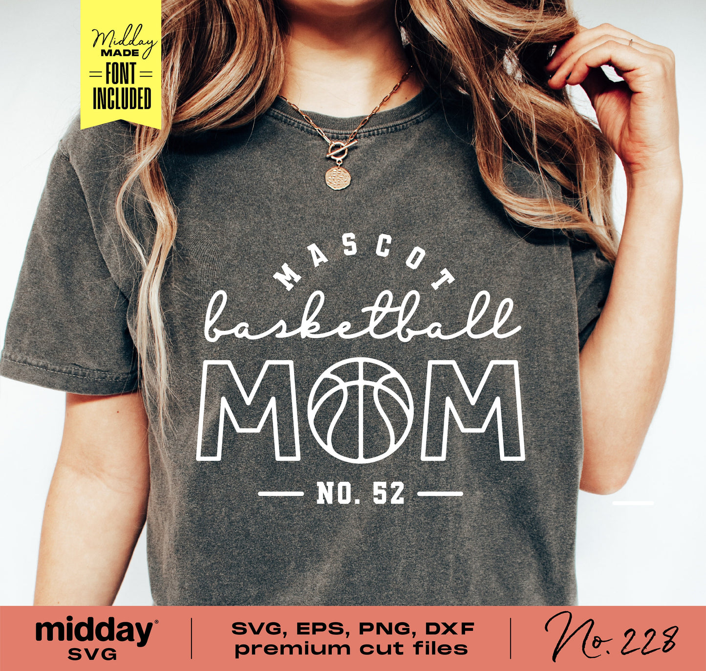 Woman wearing Basketball Mom shirt with svg, png, dxf, eps design for Cricut and Silhouette crafting.