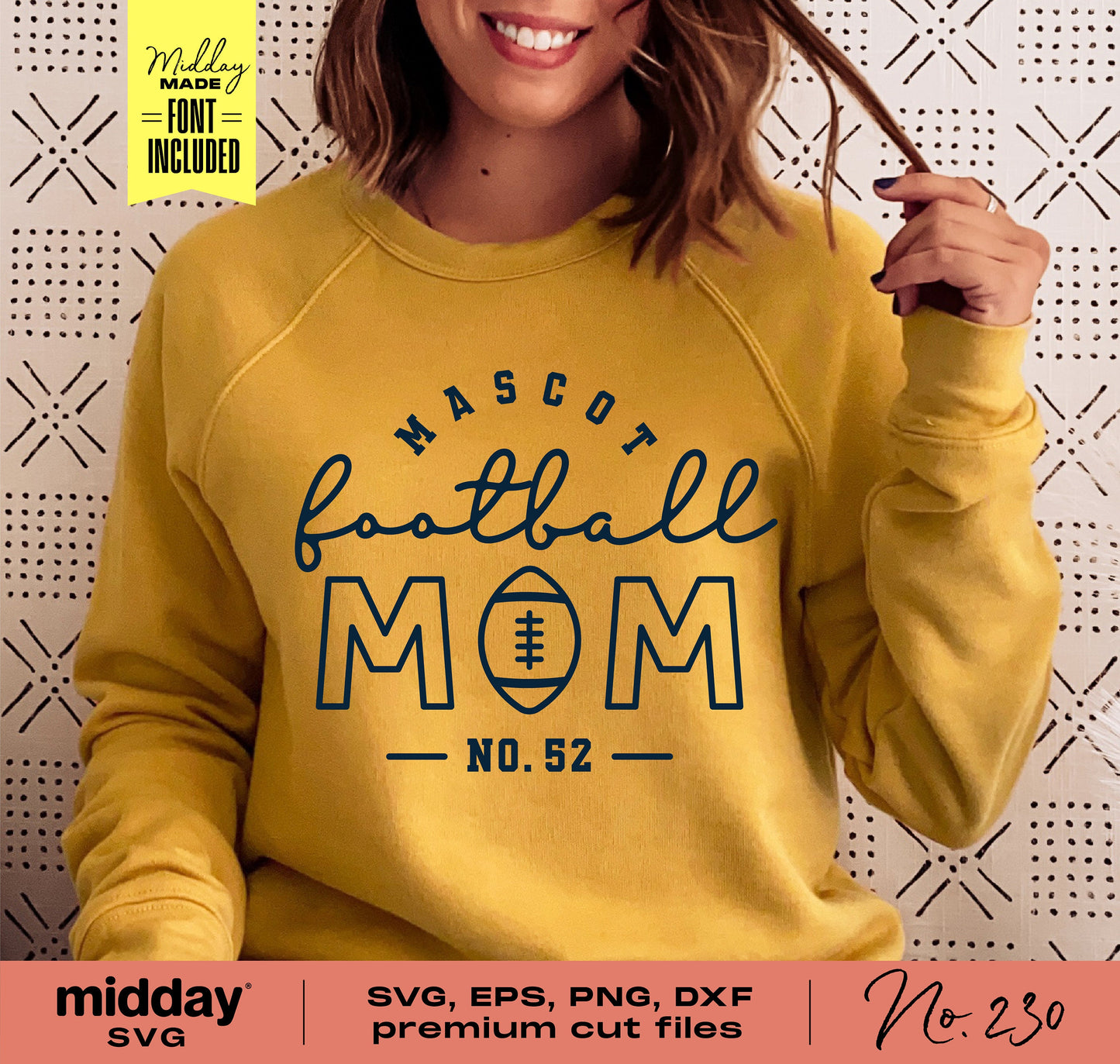 Woman wearing yellow Football Mom sweatshirt with mascot design, ideal for Cricut and Silhouette crafting projects.