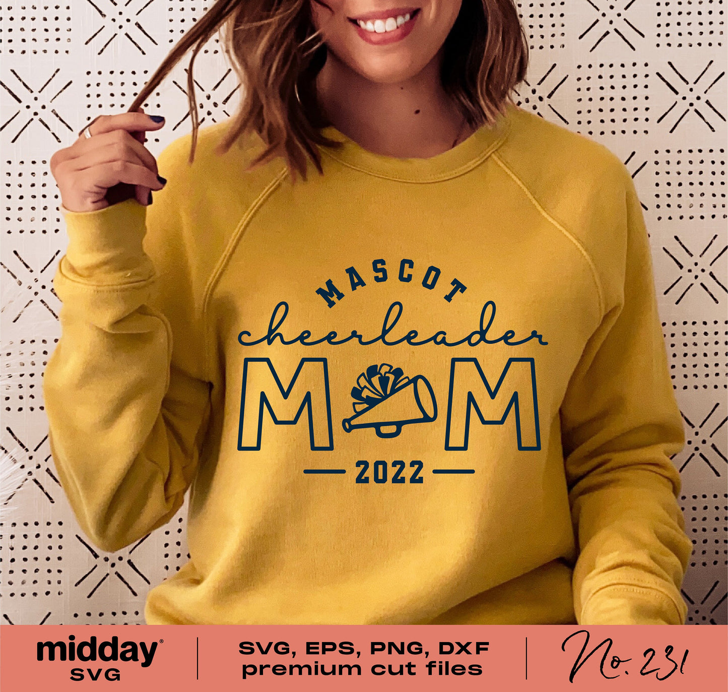 Yellow sweatshirt with 'Mascot Cheerleader Mom 2022' design in blue, suitable for Cricut and Silhouette crafting projects.