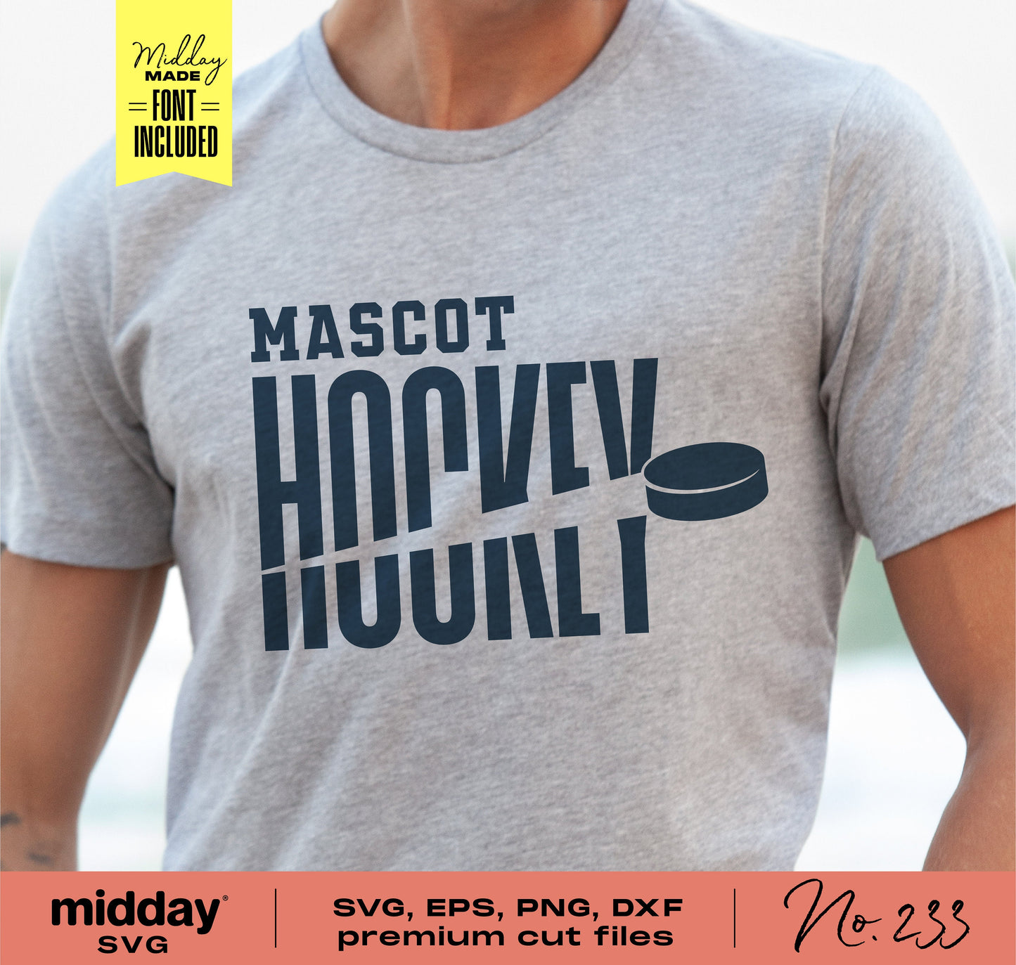 Gray t-shirt with "Mascot Hockey" design, ideal for Cricut and Silhouette. Includes SVG, PNG, DXF files. Perfect for hockey enthusiasts.