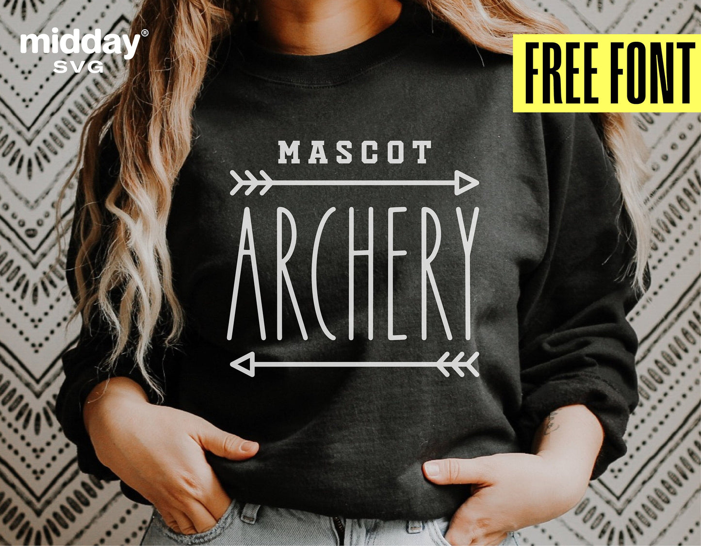 Woman wearing a black shirt with 'Mascot Archery' design, perfect for archery enthusiasts, available with free font and SVG files.