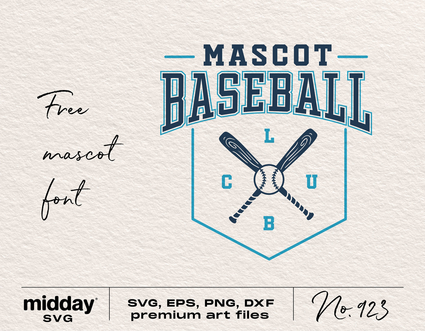 Mascot baseball club logo with crossed bats and free font offer, available in SVG, EPS, PNG, DXF formats from midday SVG.