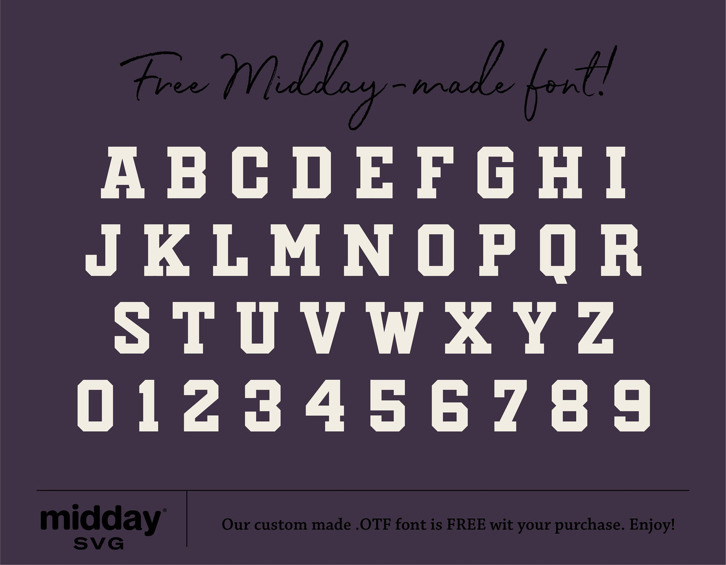 Block alphabet and numbers in bold font, offered as a free midday-made OTF font with purchase.