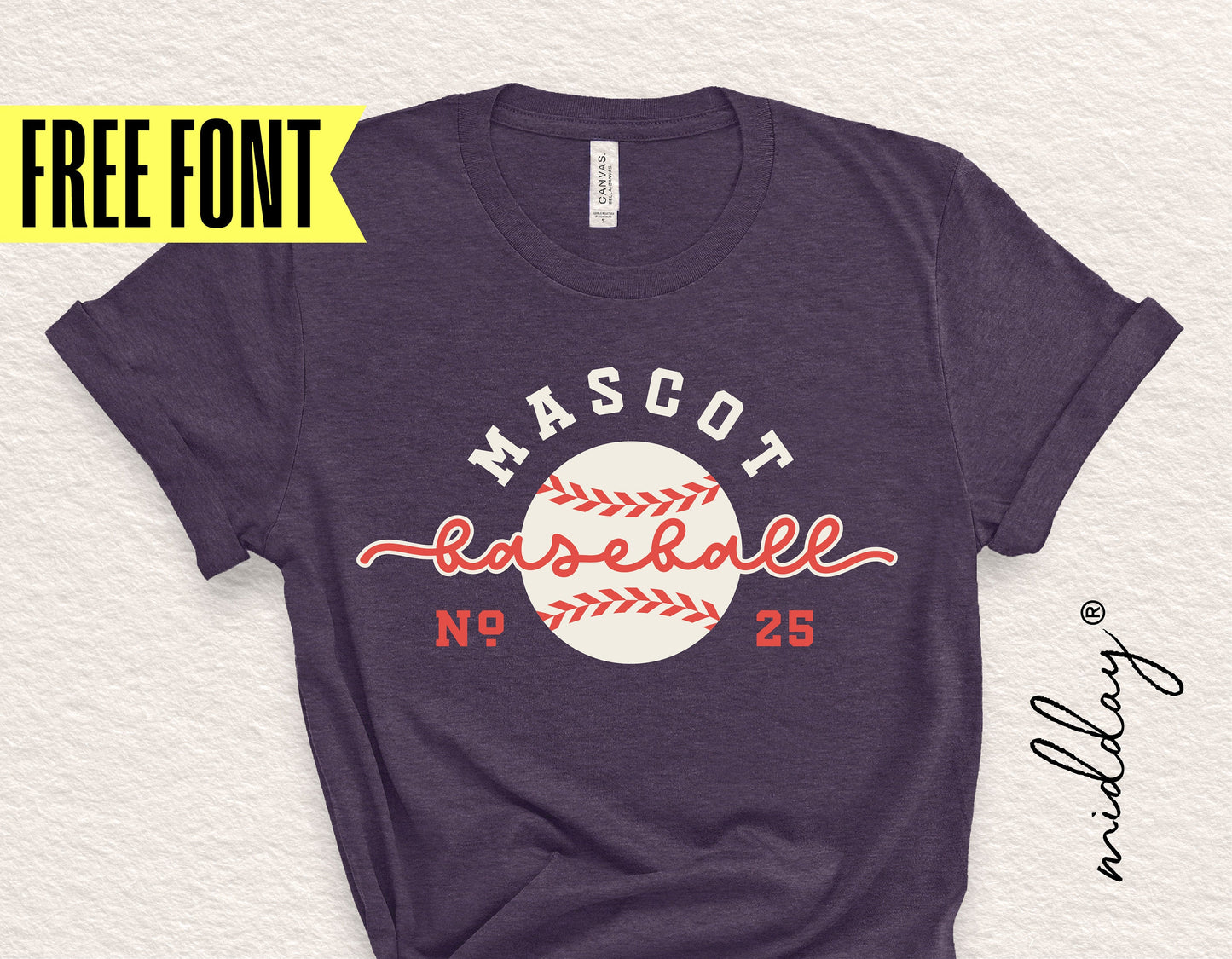 Customizable baseball team shirt design with mascot and number 25, featuring a free font offer.