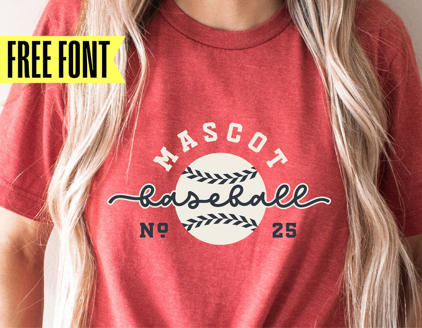 Red t-shirt with customizable baseball SVG design, featuring a baseball graphic and text for team mascot, using free font.