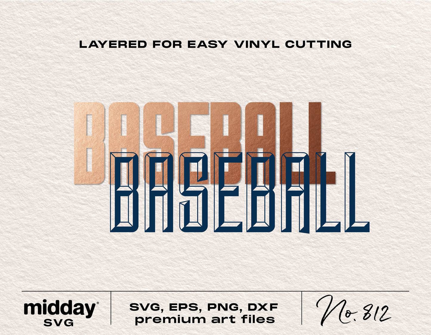 Baseball SVG design featuring text "LAYERED FOR EASY VINYL CUTTING," available in SVG, EPS, PNG, DXF formats, premium art files.
