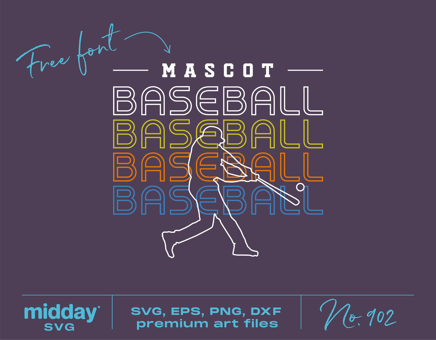 Colorful baseball SVG design for teams and DIY projects featuring silhouette of player and mascot text, suitable for Cricut and Silhouette.